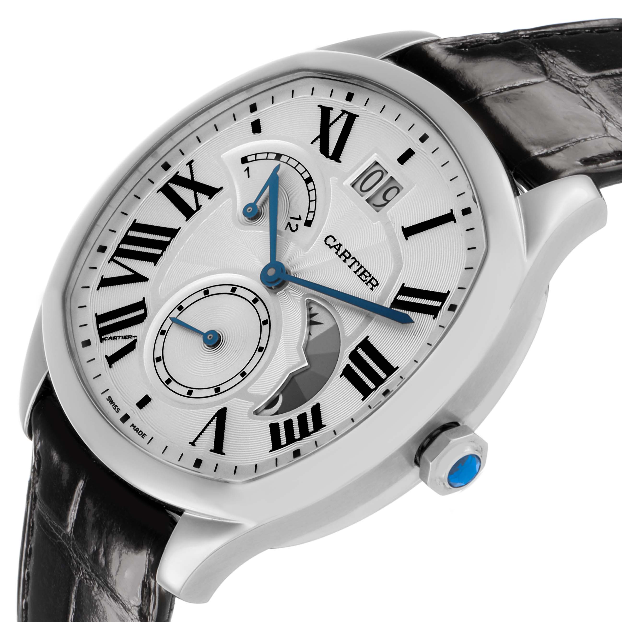 The Drive de Cartier watch is shown at an angled close-up, highlighting its face, Roman numerals, hands, and crown.