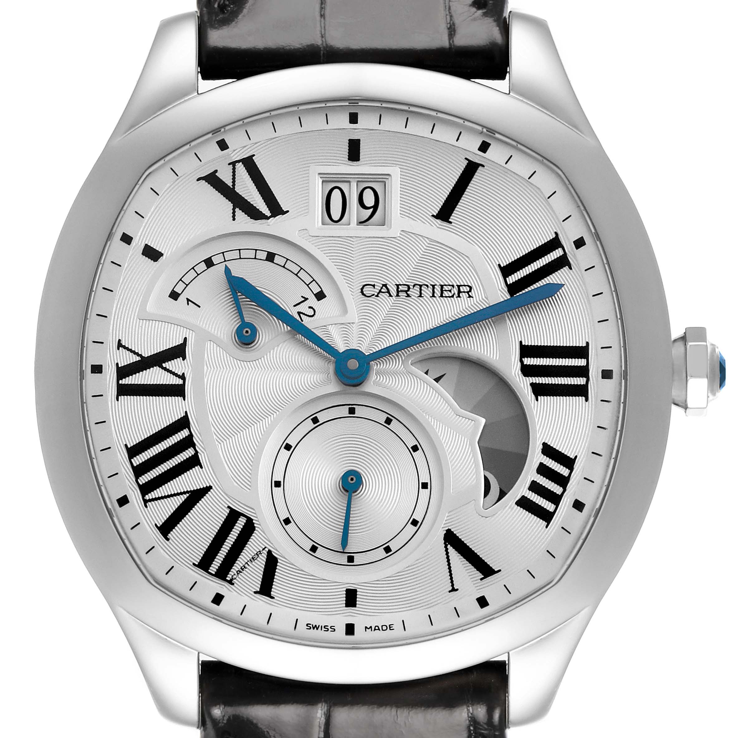 The Drive de Cartier watch is shown from a front angle displaying its dial, hands, indices, and crown.