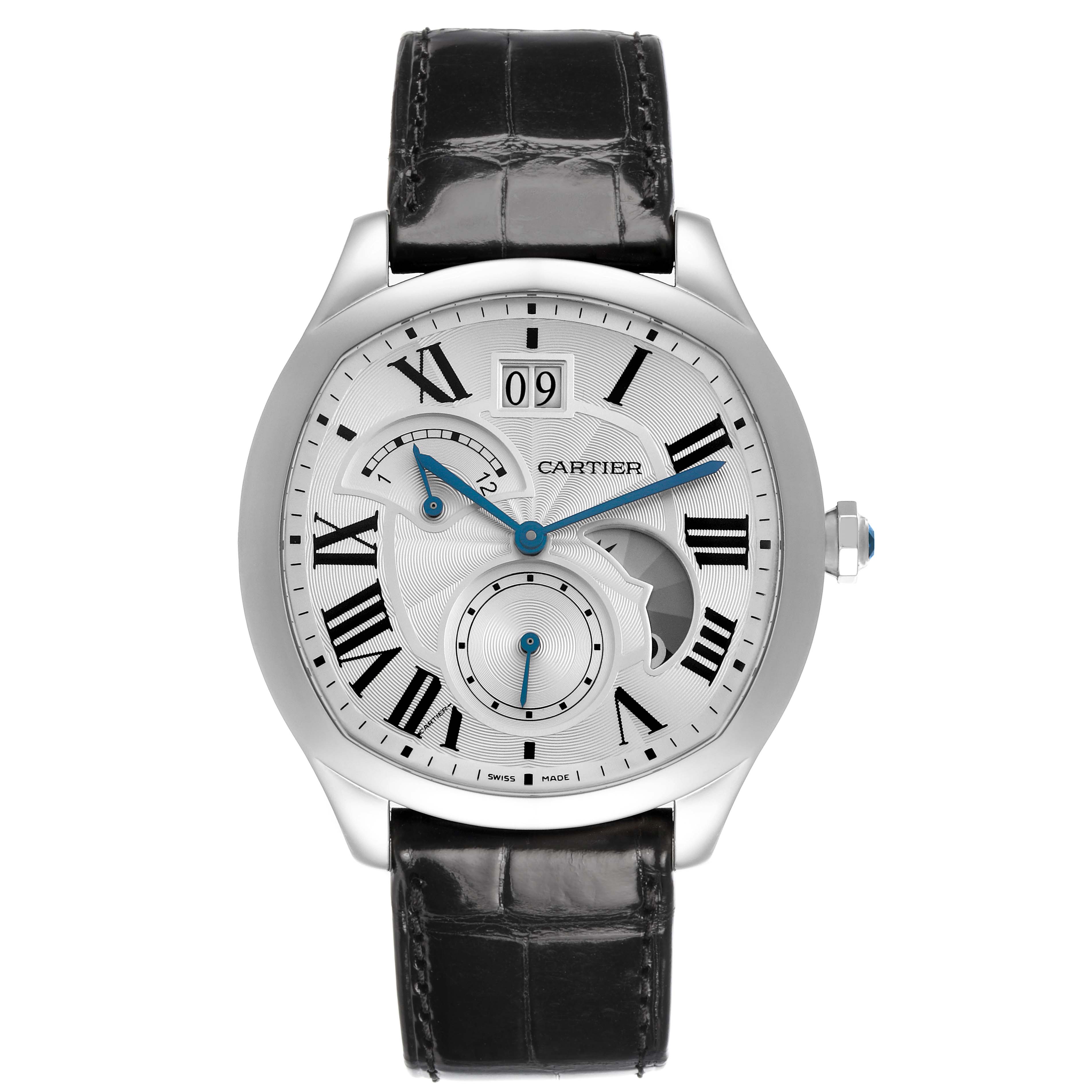 The Drive de Cartier watch is shown from a front angle, detailing its face, Roman numerals, sub-dials, and black leather strap.