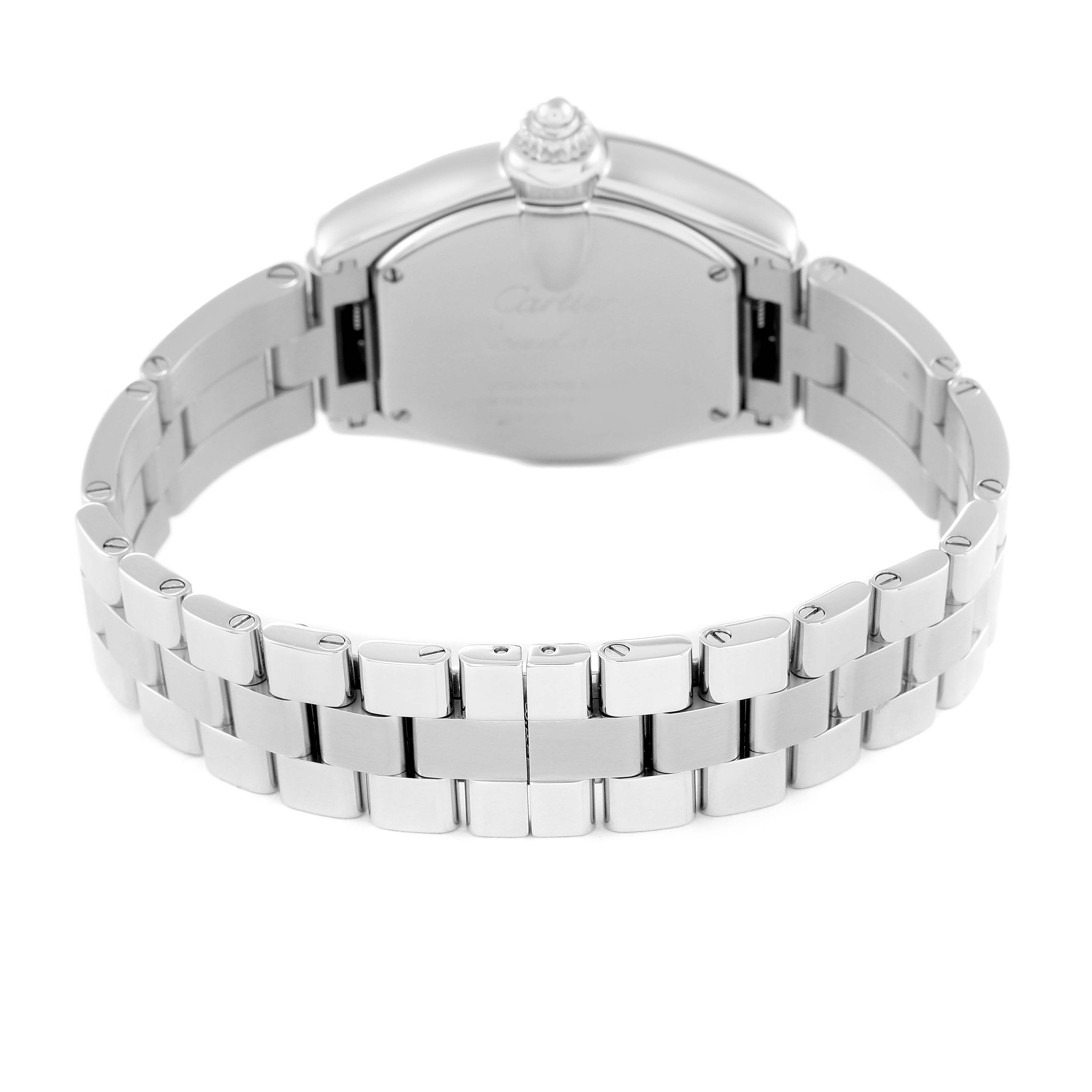 This image shows the back view of a Cartier Roadster W62016V3 Women's Stainless Steel Silver Dial W62016V3 Women's Stainless Steel Silver Dial watch, focusing on the bracelet and case back.