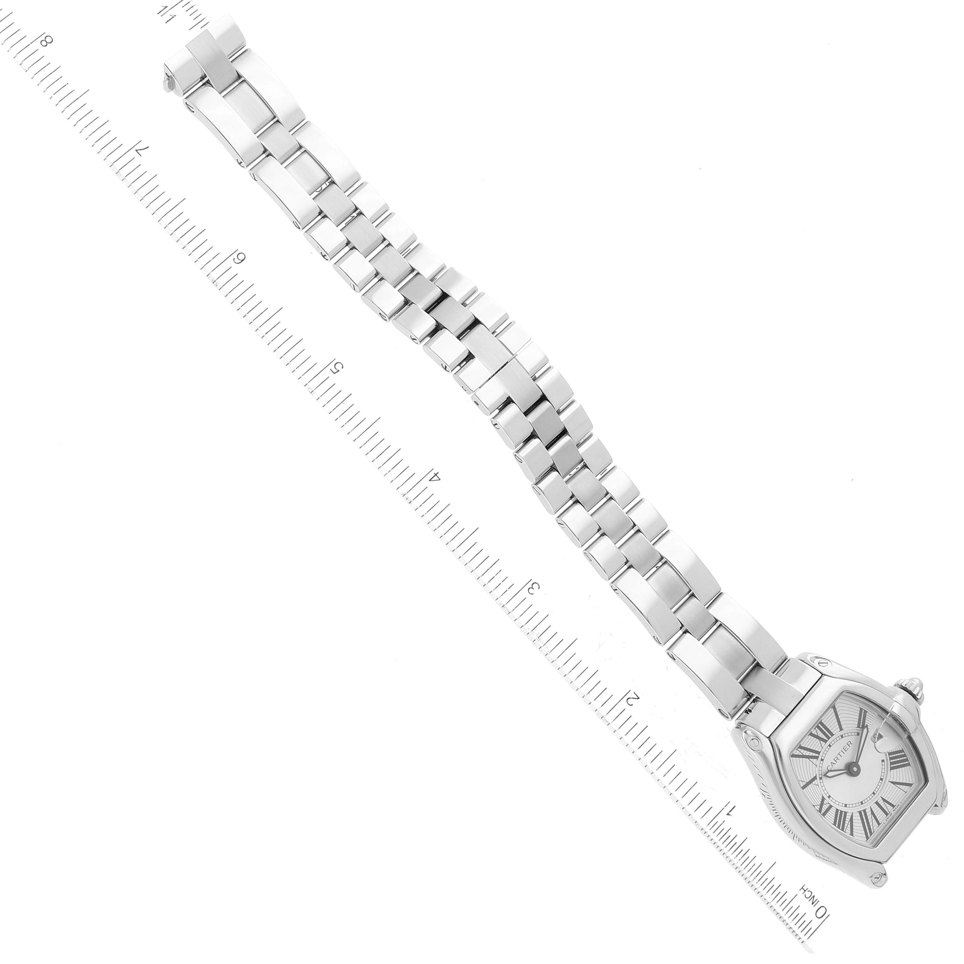 The Cartier Roadster W62016V3 Women's Stainless Steel Silver Dial W62016V3 Women's Stainless Steel Silver Dial watch is shown from a top-down angle, featuring the face and the entire bracelet.