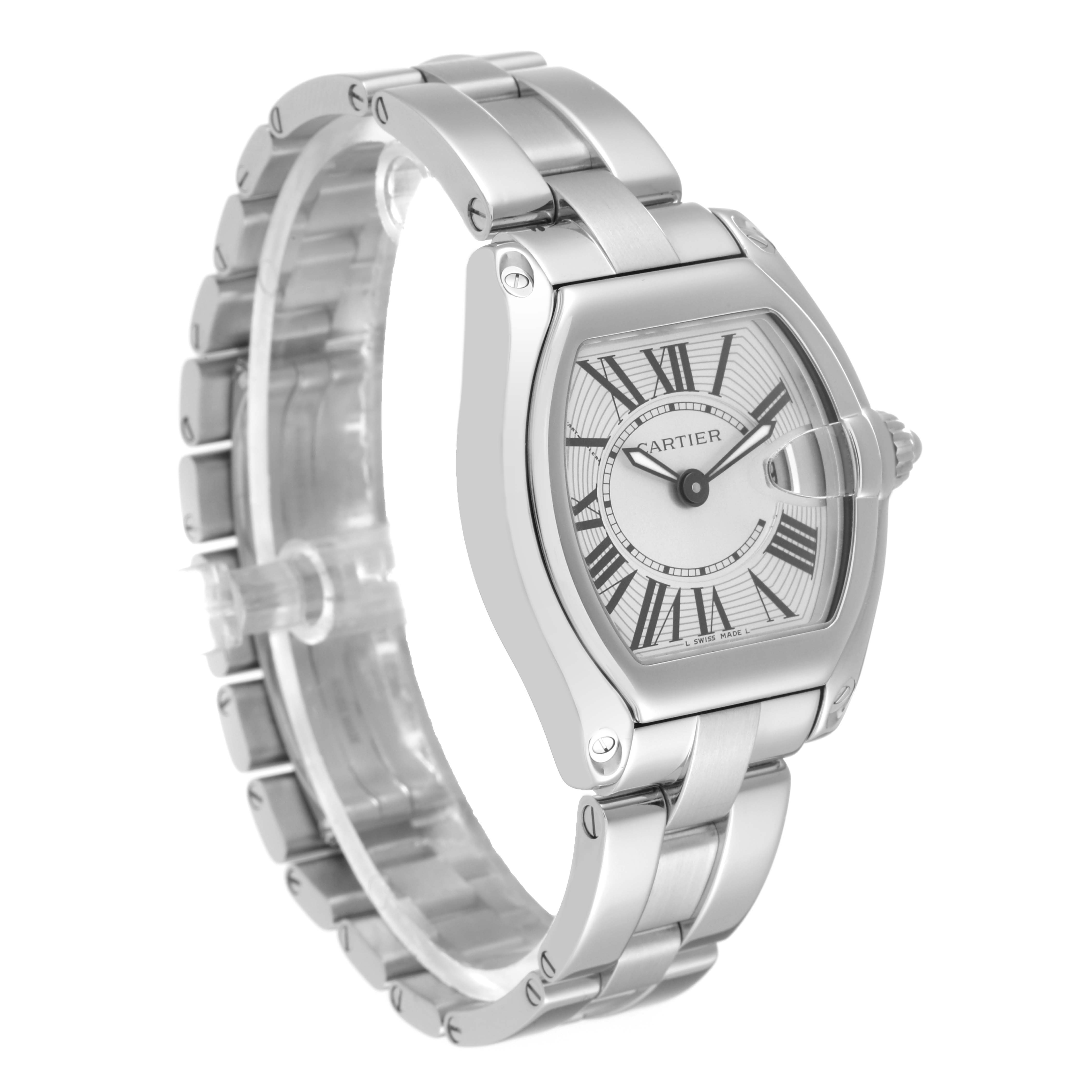 This image shows a Cartier Roadster W62016V3 Women's Stainless Steel Silver Dial W62016V3 Women's Stainless Steel Silver Dial watch, highlighting its front face and stainless steel bracelet at a three-quarter angle.