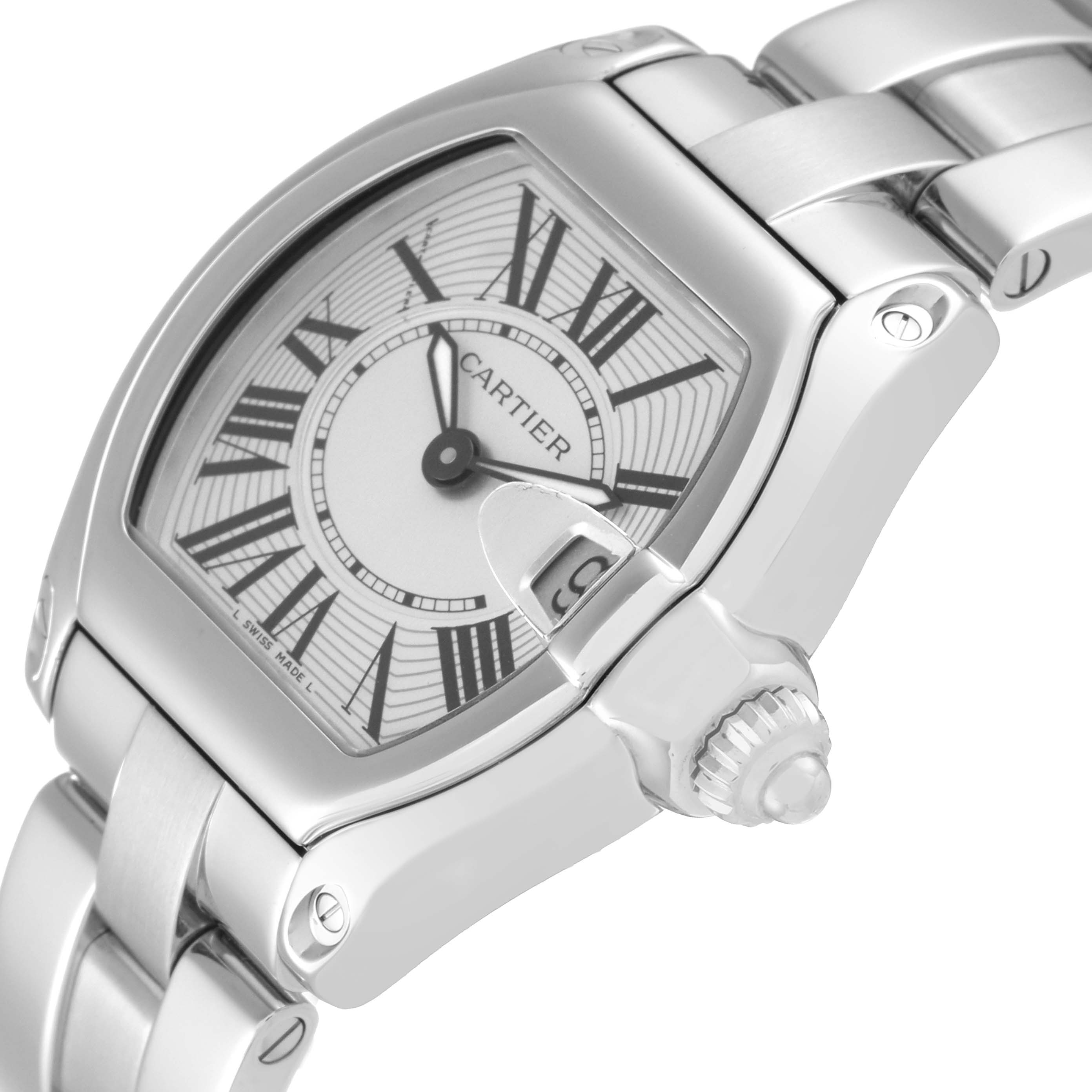 This image shows a close-up side angle of the Cartier Roadster W62016V3 Women's Stainless Steel Silver Dial W62016V3 Women's Stainless Steel Silver Dial watch, highlighting the dial, case, crown, and part of the bracelet.
