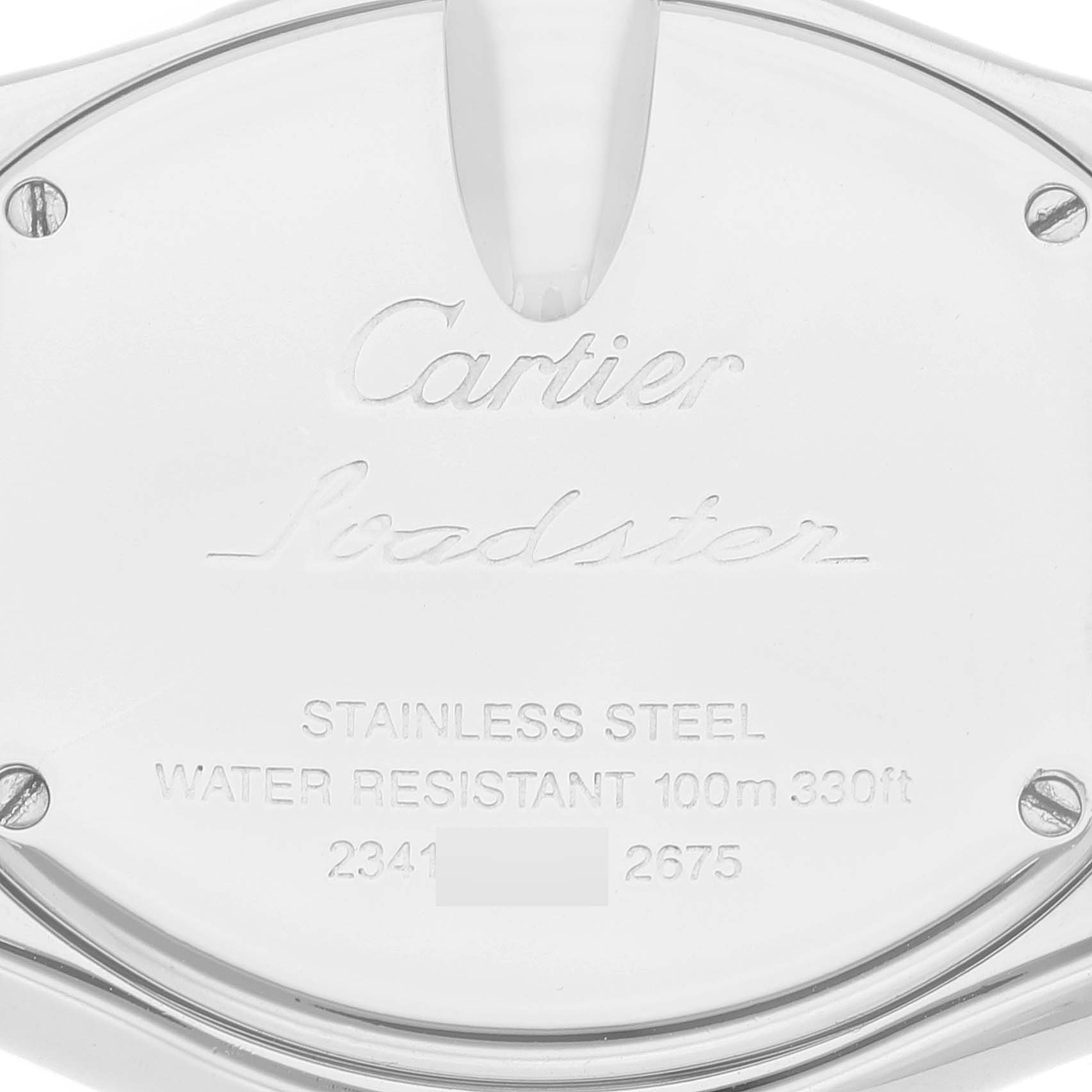 This image shows the back case of the Cartier Roadster W62016V3 Women's Stainless Steel Silver Dial W62016V3 Women's Stainless Steel Silver Dial watch, highlighting its engravings and water resistance information.