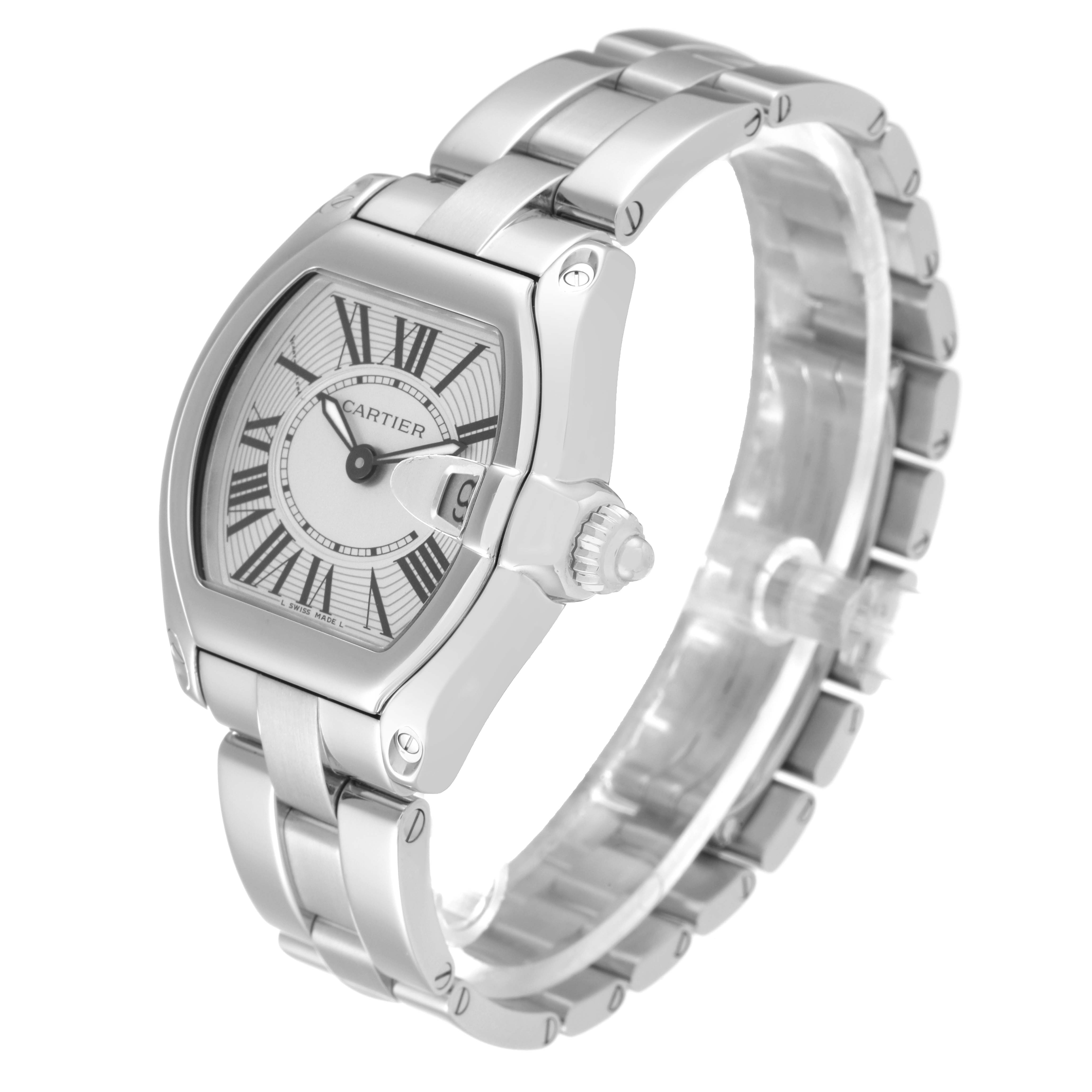 The image shows a Cartier Roadster W62016V3 Women's Stainless Steel Silver Dial W62016V3 Women's Stainless Steel Silver Dial watch angled to display the dial, case, crown, and bracelet.