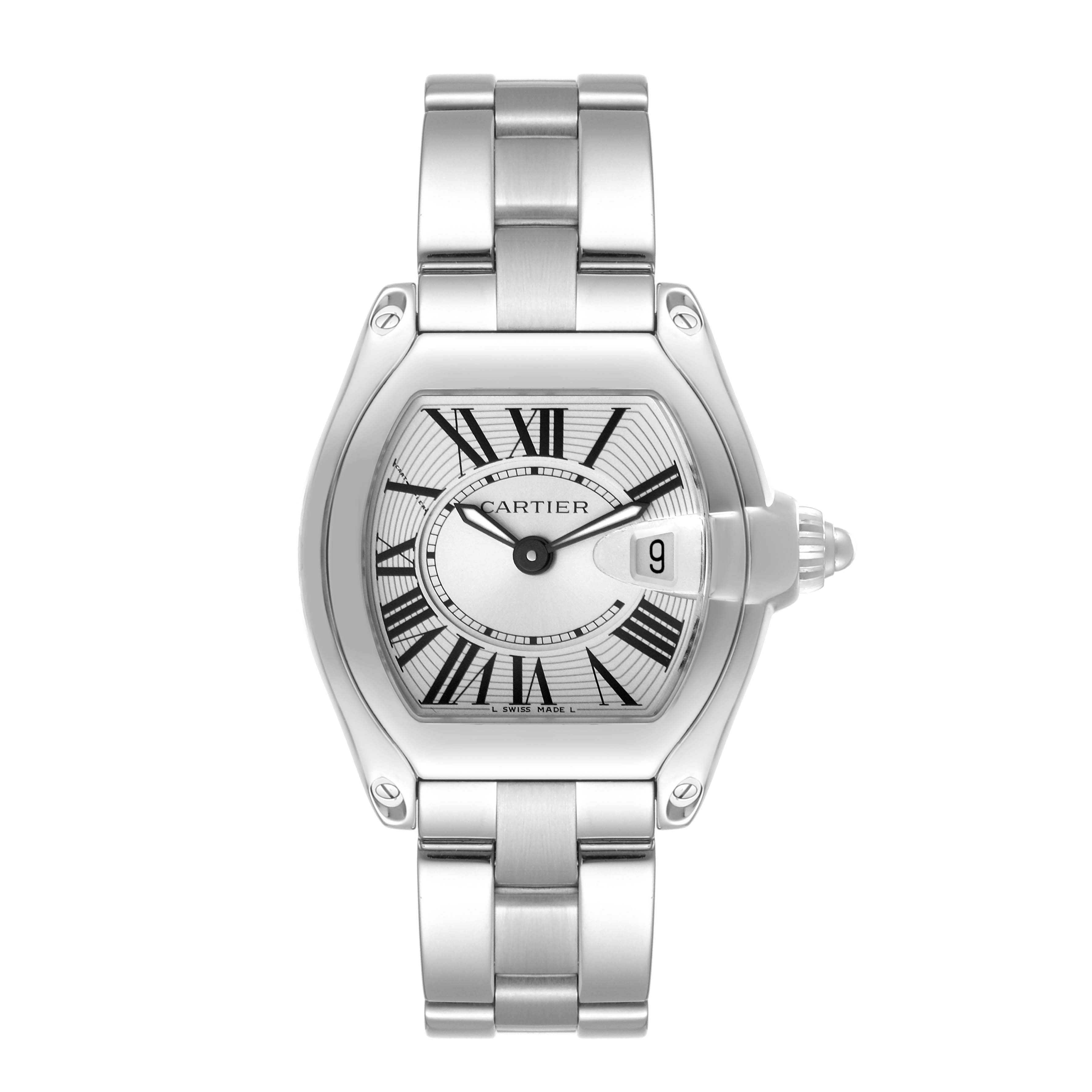 This image shows a front view of the Cartier Roadster W62016V3 Women's Stainless Steel Silver Dial W62016V3 Women's Stainless Steel Silver Dial model watch, displaying the dial, case, crown, and bracelet.