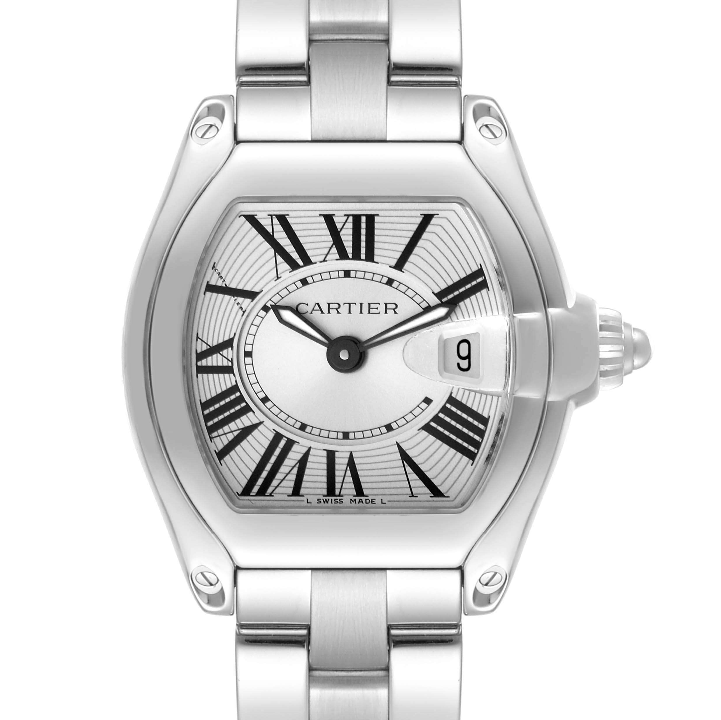 This image shows a front view of the Cartier Roadster W62016V3 Women's Stainless Steel Silver Dial W62016V3 Women's Stainless Steel Silver Dial watch, highlighting the dial, case, and part of the bracelet.