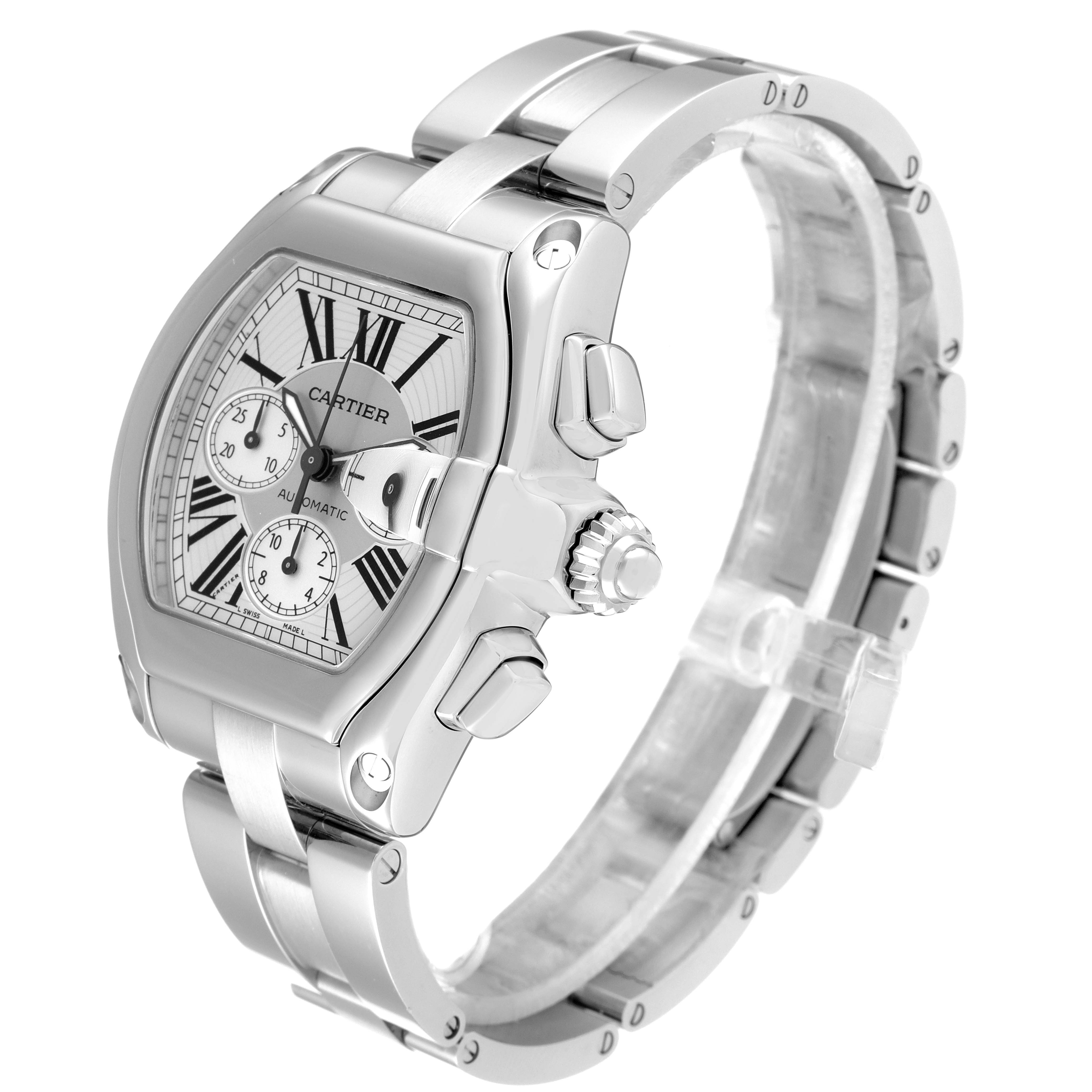The image shows a Cartier Roadster W62019X6 Men
s Stainless Steel Silver Dial W62019X6 Men
s Stainless Steel Silver Dial watch from a front-left angle, displaying its face, band, and side pushers.