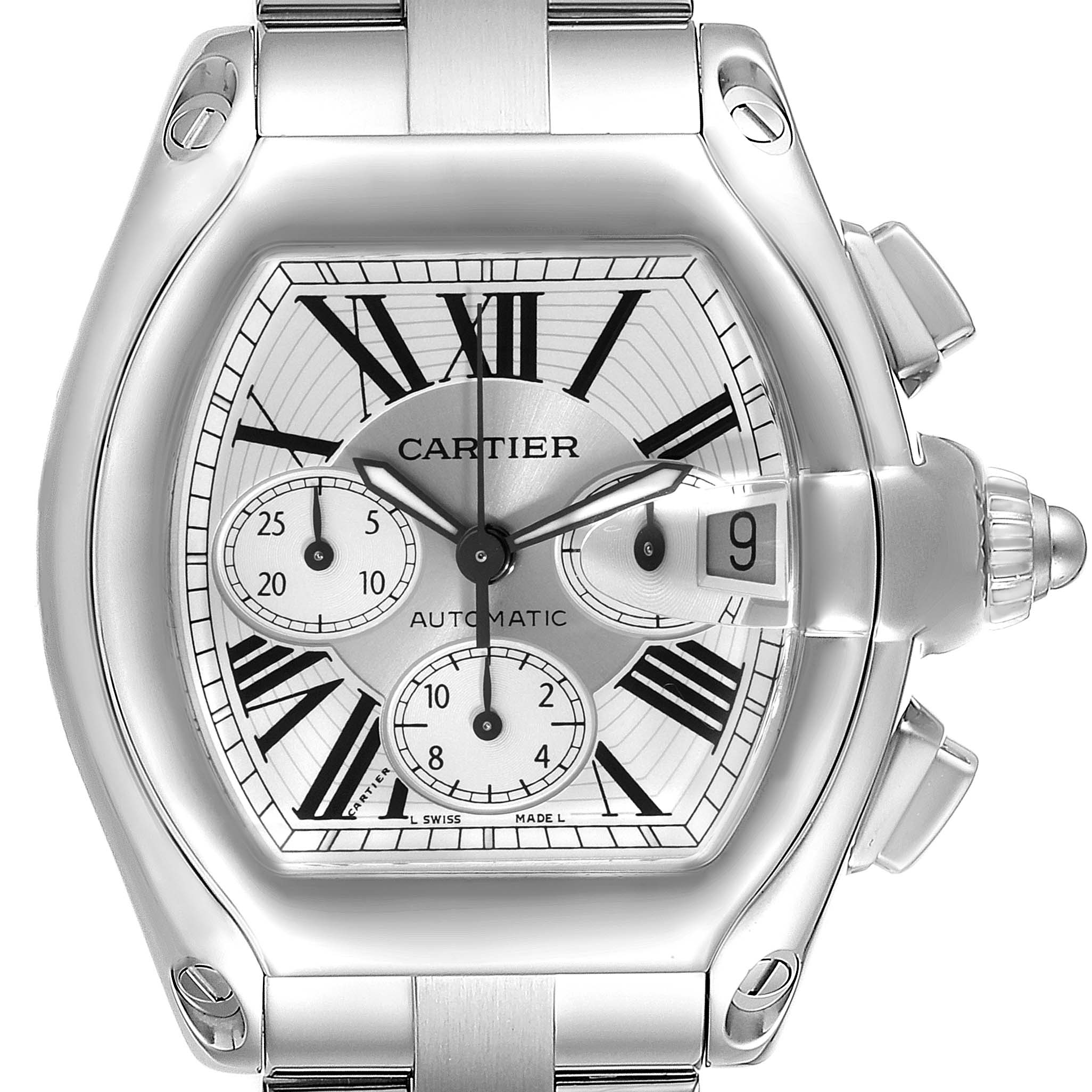 The image shows a front view of the Cartier Roadster W62019X6 Men
s Stainless Steel Silver Dial W62019X6 Men
s Stainless Steel Silver Dial model watch, highlighting the dial, hands, sub-dials, date window, and crown.