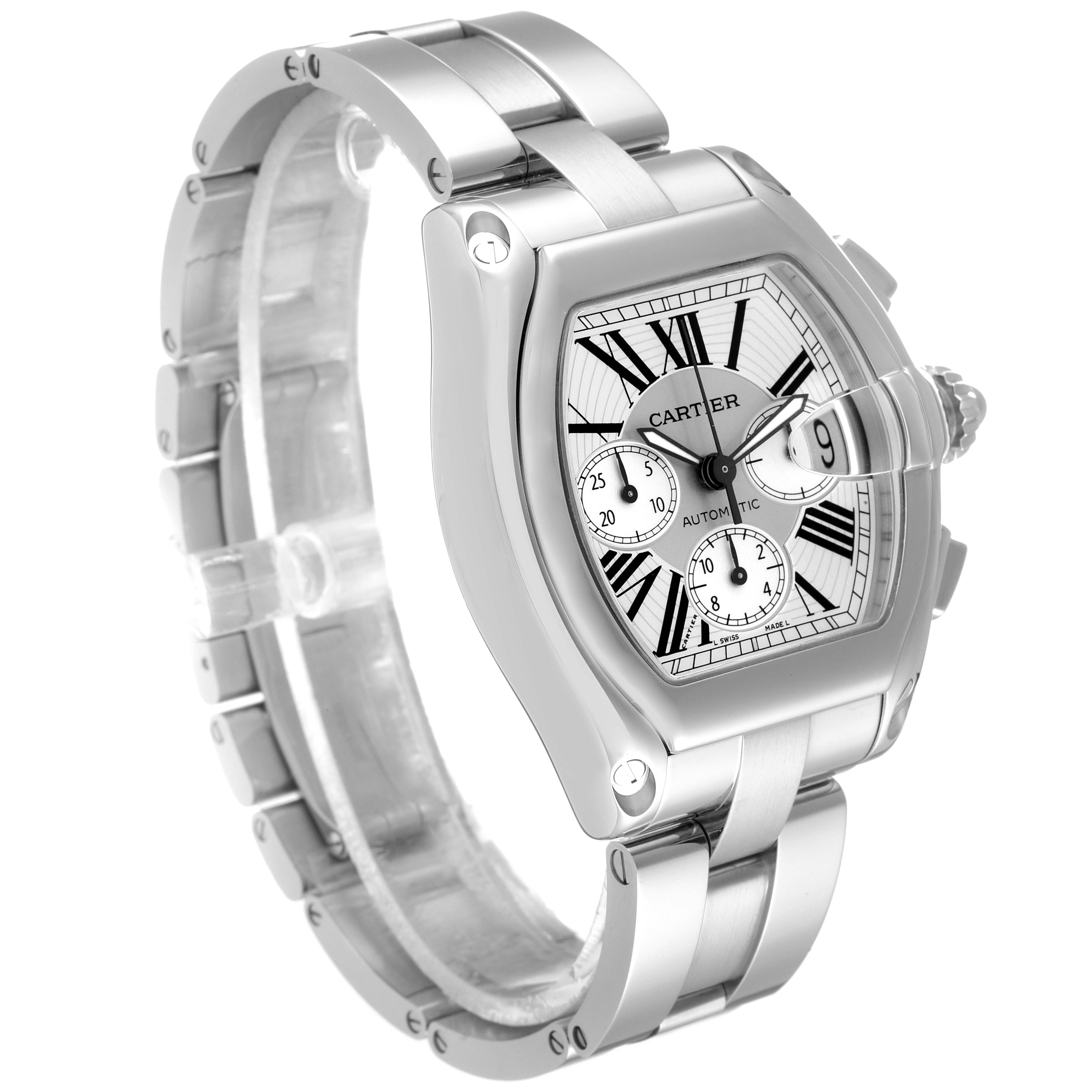 The image shows a Cartier Roadster W62019X6 Men
s Stainless Steel Silver Dial W62019X6 Men
s Stainless Steel Silver Dial watch with a view of the face, bracelet, and crown from an angled perspective.