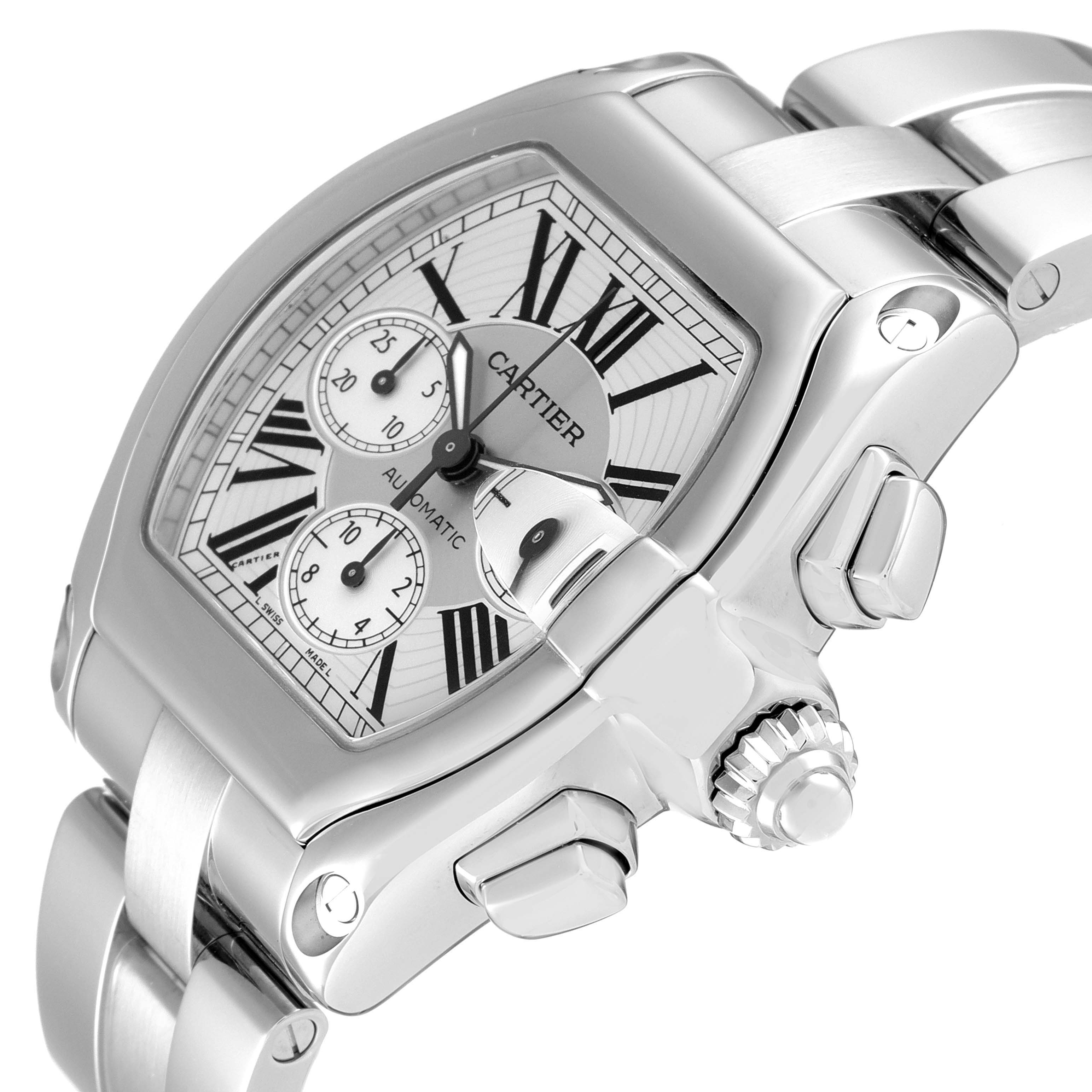 This image shows a side angle of a Cartier Roadster W62019X6 Men
s Stainless Steel Silver Dial W62019X6 Men
s Stainless Steel Silver Dial watch highlighting the dial, crown, and part of the bracelet.