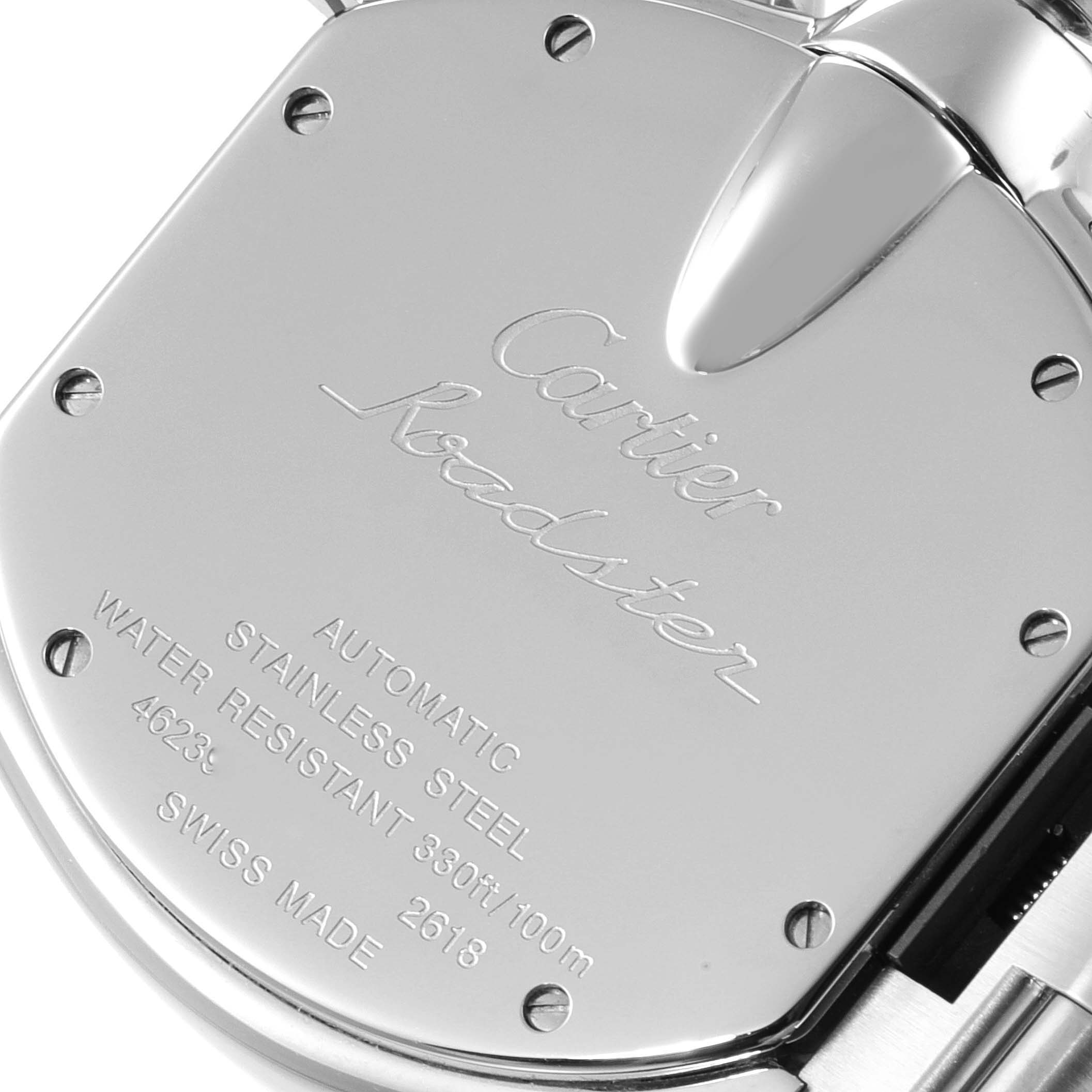 The image shows the back case of a Cartier Roadster W62019X6 Men
s Stainless Steel Silver Dial W62019X6 Men
s Stainless Steel Silver Dial watch, highlighting inscriptions and the stainless steel finish.