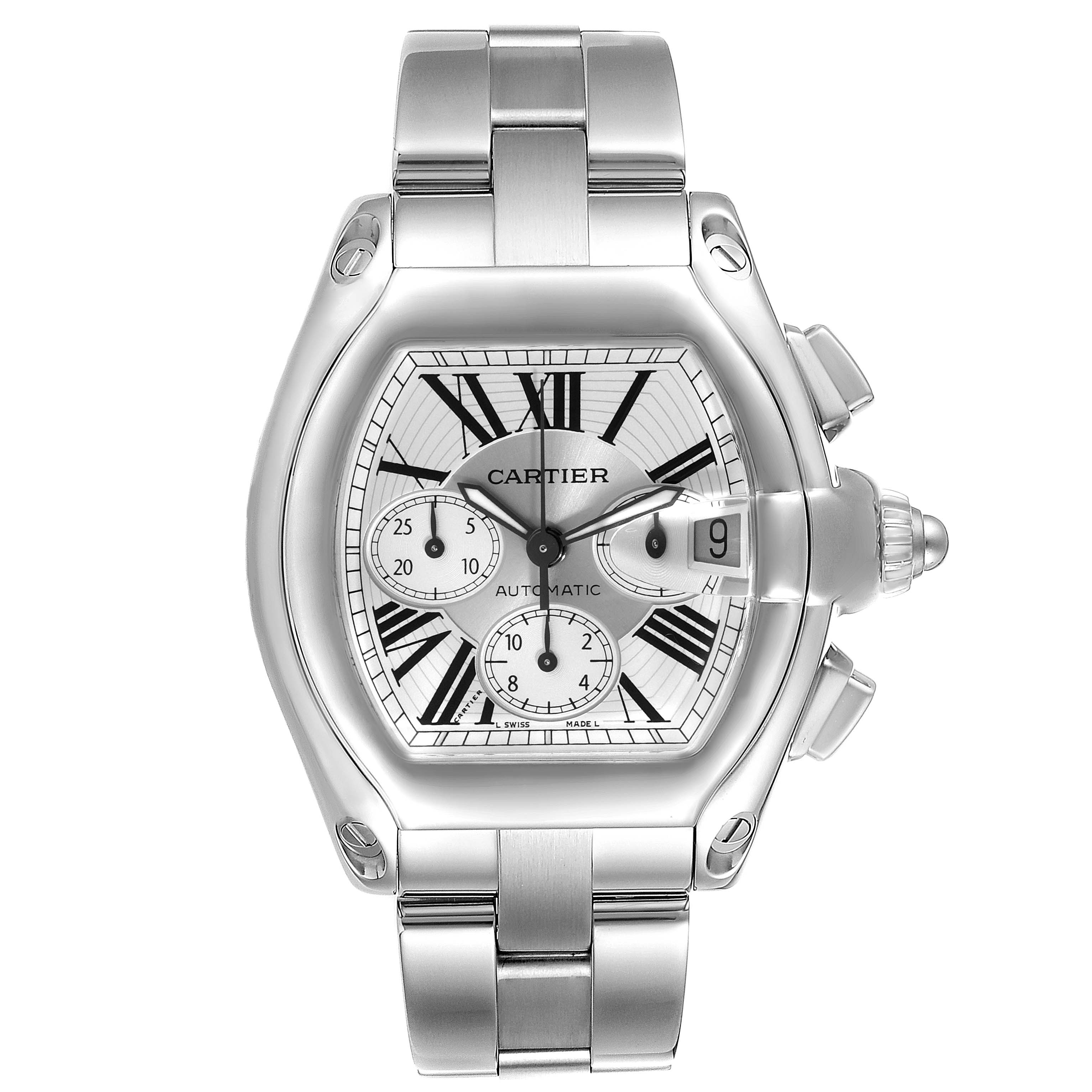 This image shows a front view of the Cartier Roadster W62019X6 Men
s Stainless Steel Silver Dial W62019X6 Men
s Stainless Steel Silver Dial watch, highlighting the face, dial, and metal bracelet.