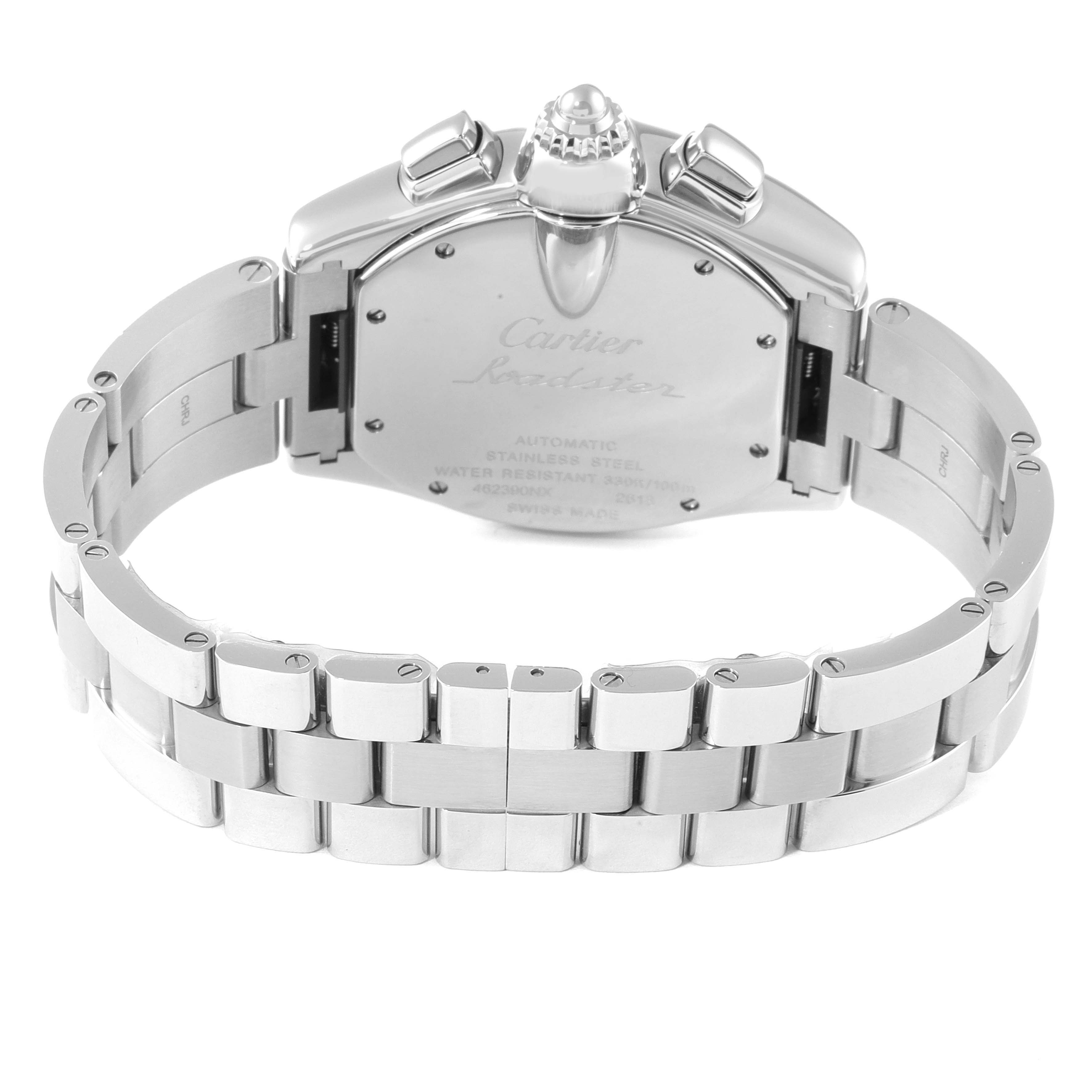 The image shows the back view of a Cartier Roadster W62019X6 Men
s Stainless Steel Silver Dial W62019X6 Men
s Stainless Steel Silver Dial watch, highlighting the back case, crown, and stainless steel bracelet.
