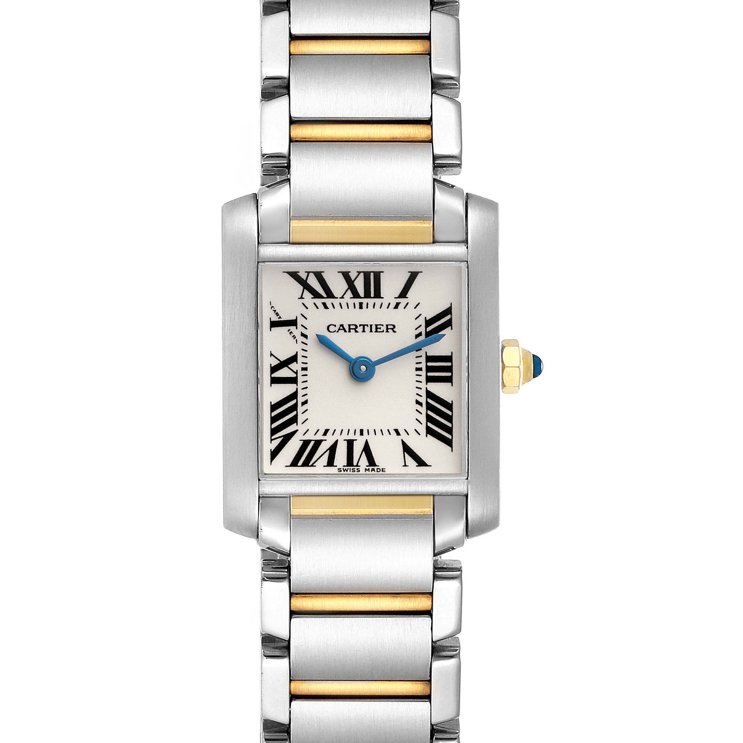 The image shows a front view of the Cartier Tank Francaise W51007Q4 Women
s Steel and Gold (two tone) Silver Dial W51007Q4 Women
s Steel and Gold (two tone) Silver Dial watch, highlighting its square face, blue hands, Roman numerals, and two-tone bracelet.