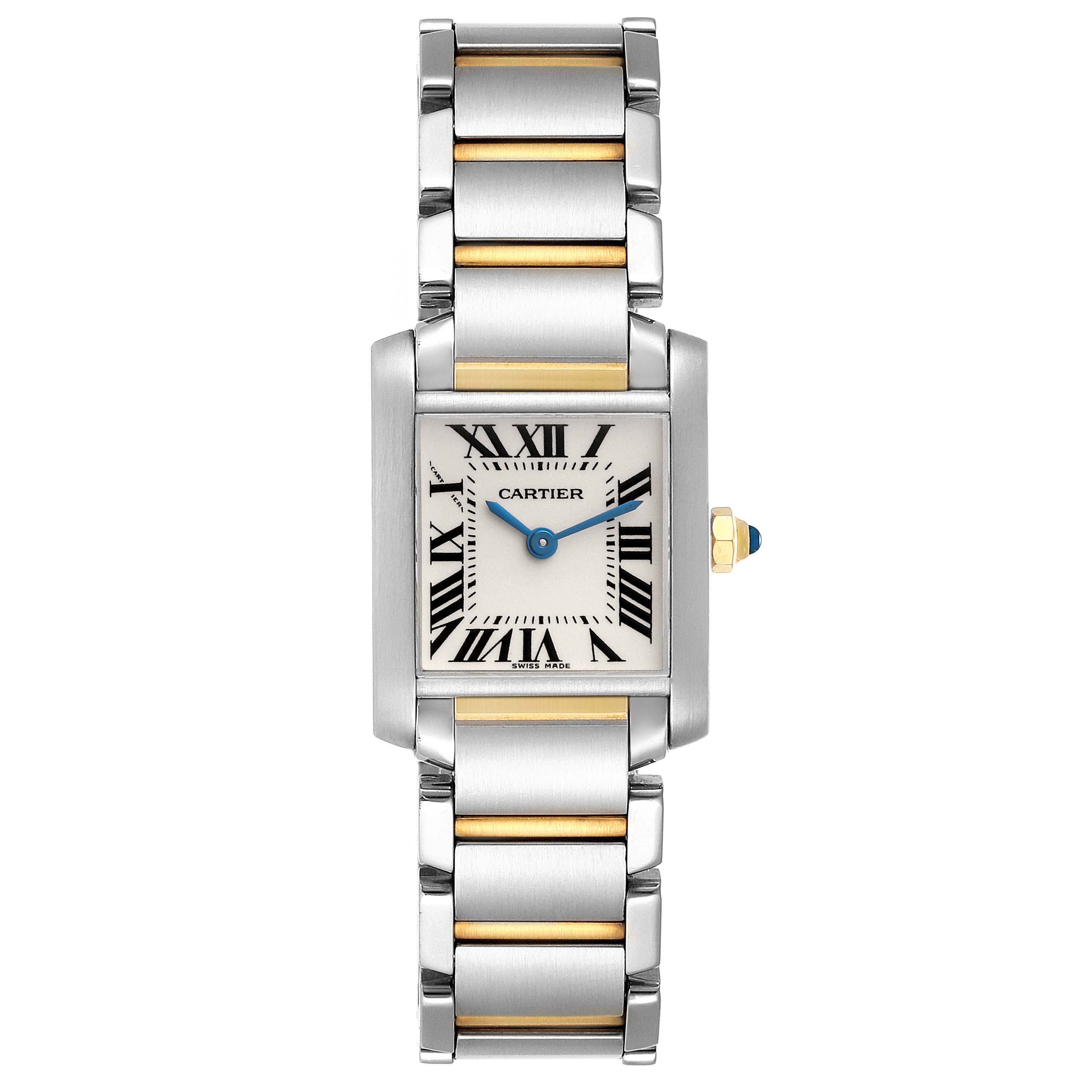 This image shows a Tank Francaise model by Cartier from a top view, displaying its rectangular face and two-tone bracelet.