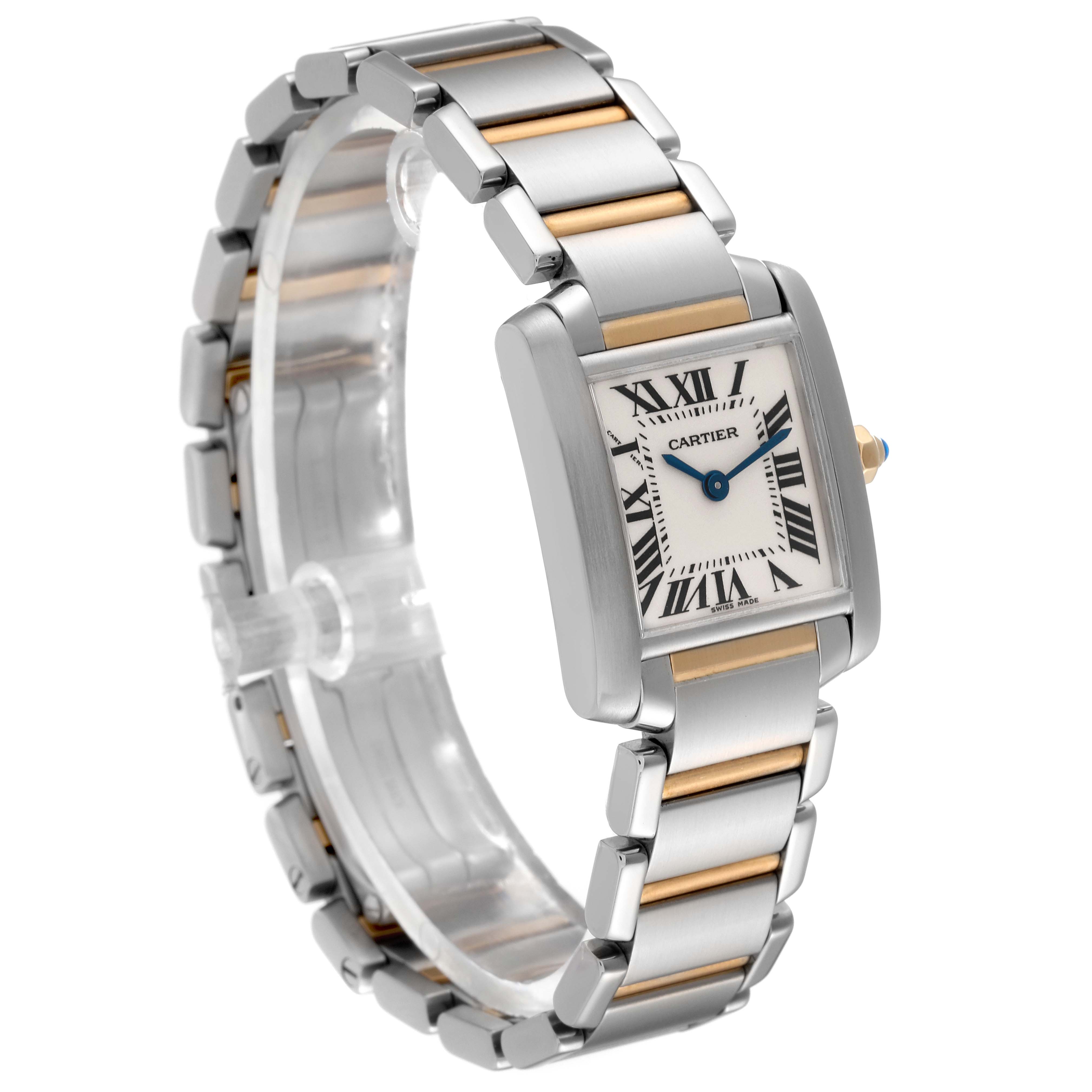 The image shows a side angle view of a Cartier Tank Française watch, highlighting its face, case, and two-tone bracelet.