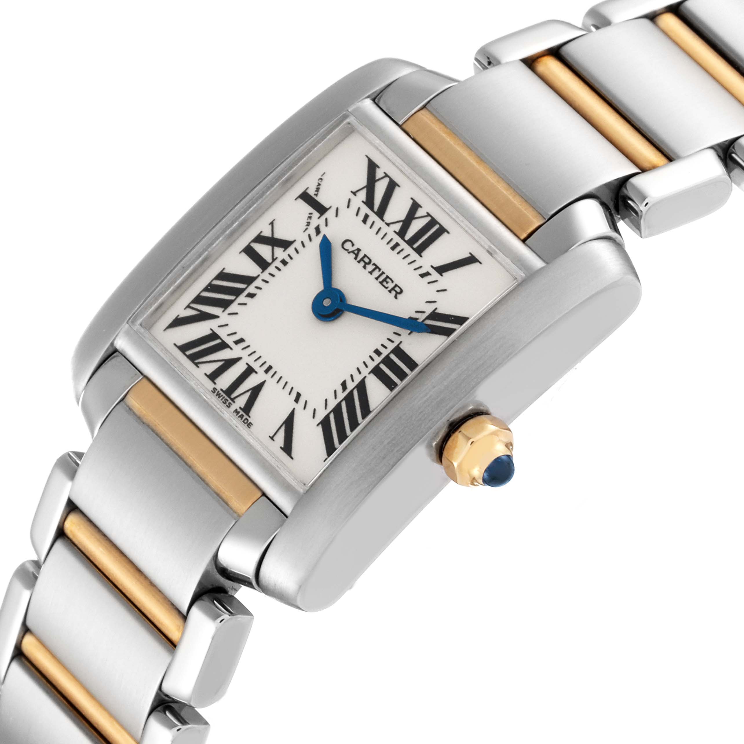 The image shows a Cartier Tank Francaise W51007Q4 Women
s Steel and Gold (two tone) Silver Dial W51007Q4 Women
s Steel and Gold (two tone) Silver Dial watch at an angle, displaying the face, crown, and part of the stainless steel and gold bracelet.
