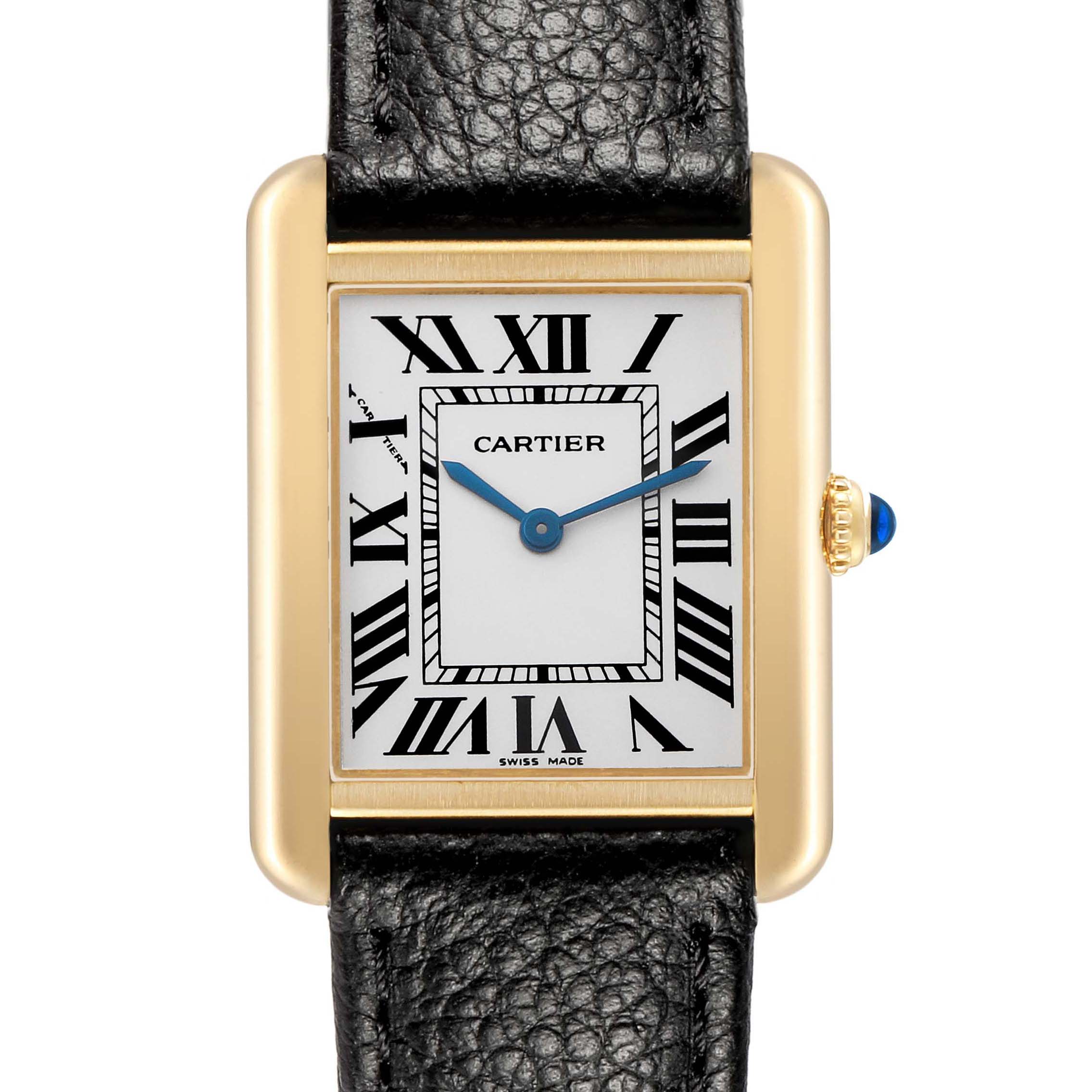 The Cartier Tank Solo W5200002 Women's Yellow Gold Silver Dial watch is shown from a front angle, highlighting the rectangular dial, Roman numerals, and leather strap.