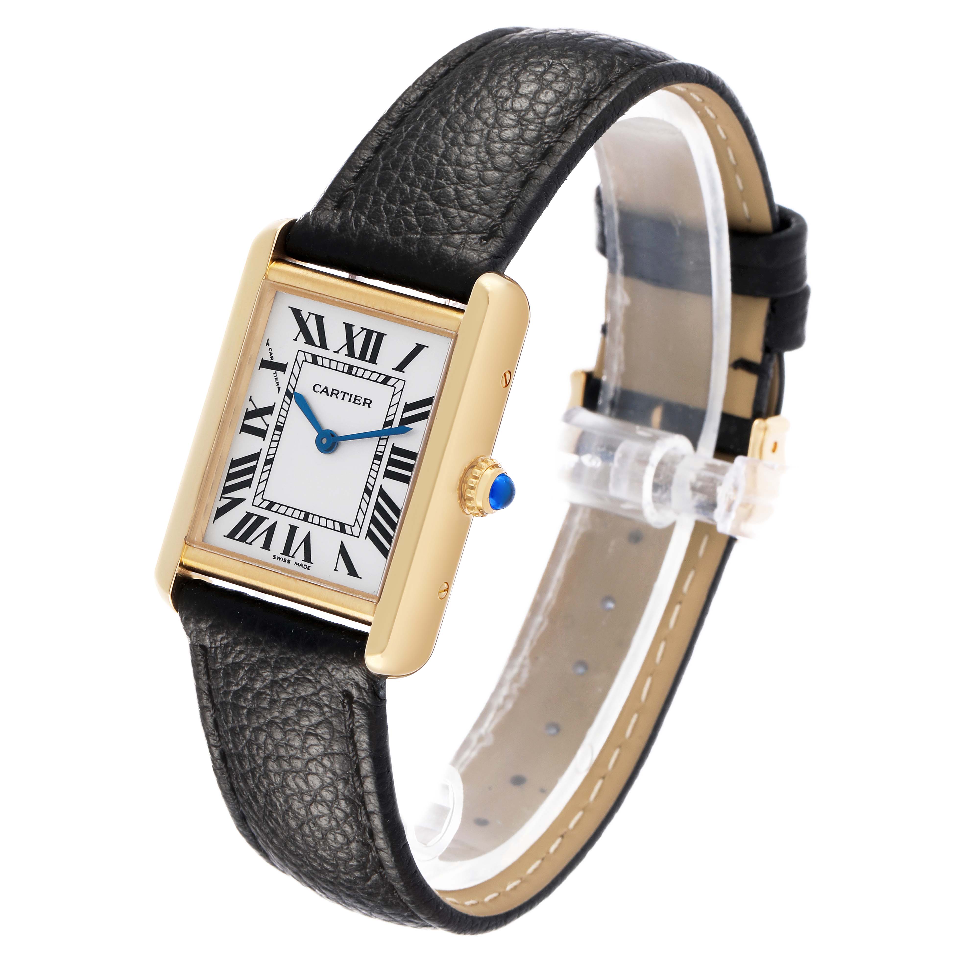The Cartier Tank Solo W5200002 Women's Yellow Gold Silver Dial watch is shown at an angle highlighting the face, crown, and black leather strap.
