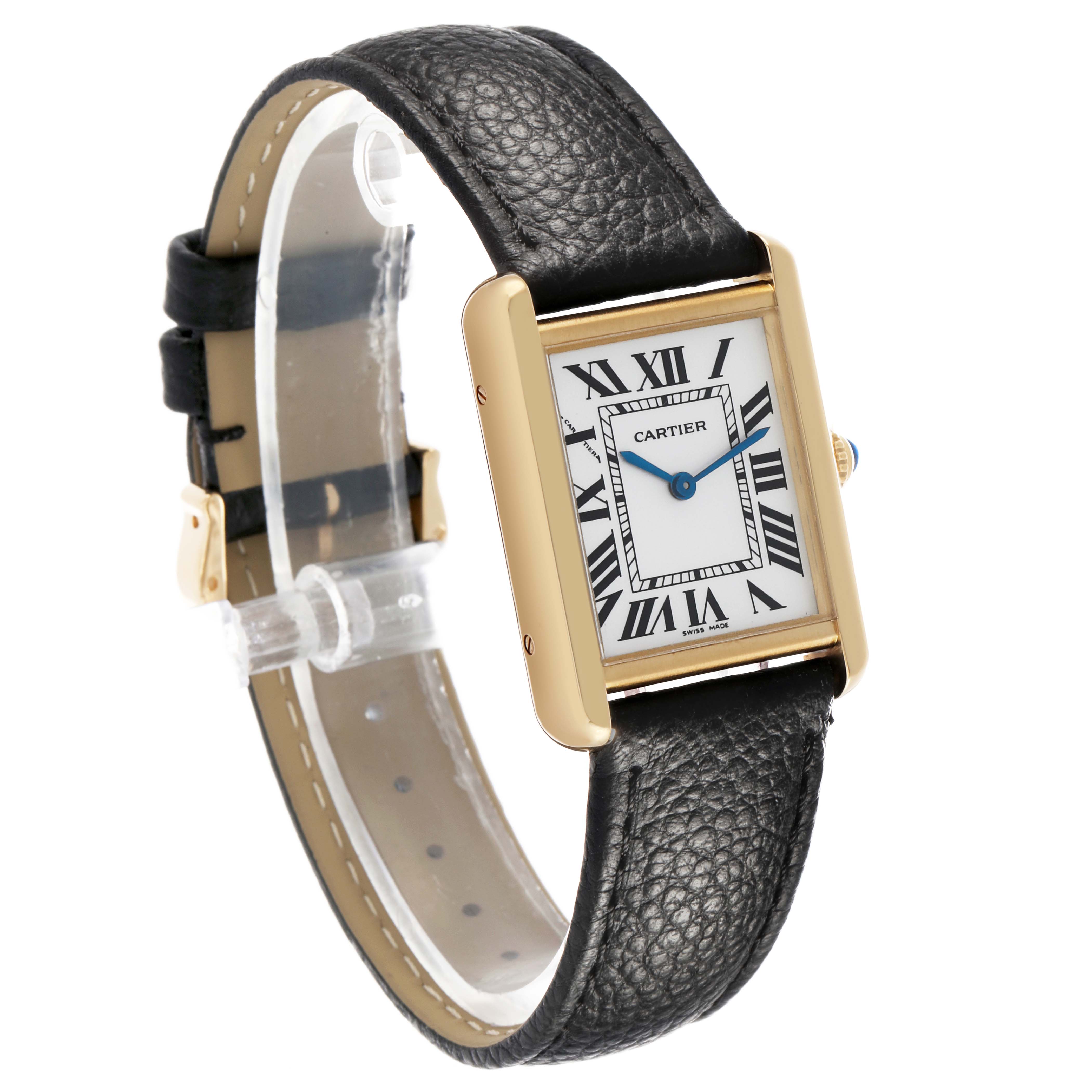 The Cartier Tank Solo W5200002 Women's Yellow Gold Silver Dial watch is shown at a slight angle, highlighting its rectangular face, Roman numerals, and leather strap.
