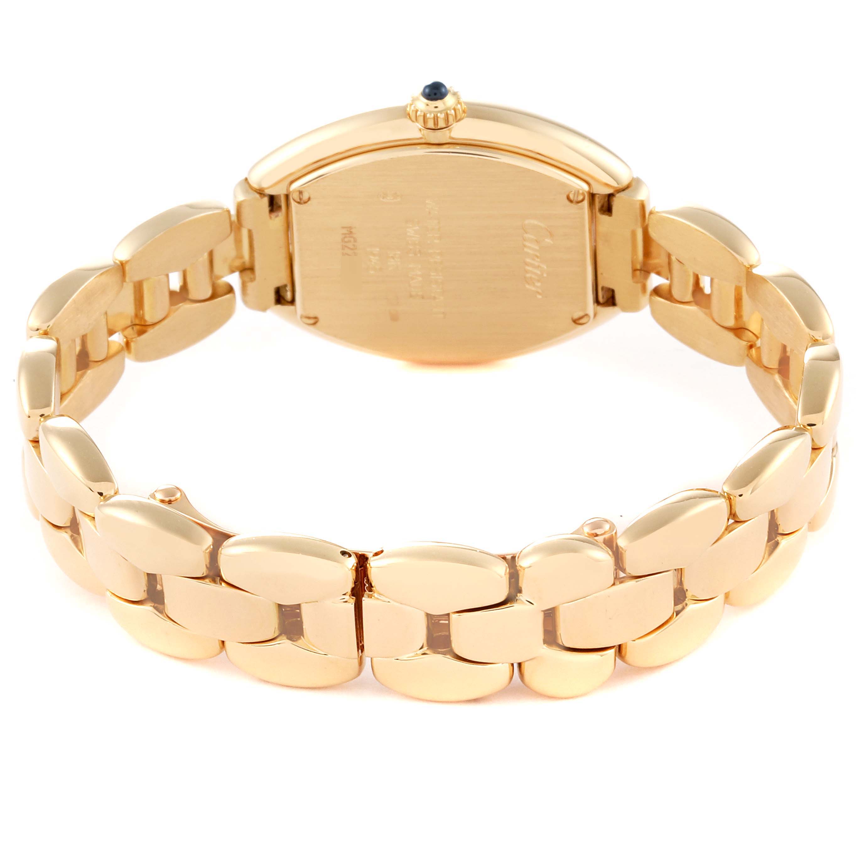 The image shows a rear view of the Cartier Tonneau W15174P4 Women's Yellow Gold Silver Dial W15174P4 Women's Yellow Gold Silver Dial model watch, highlighting its gold casing, bracelet, and crown.