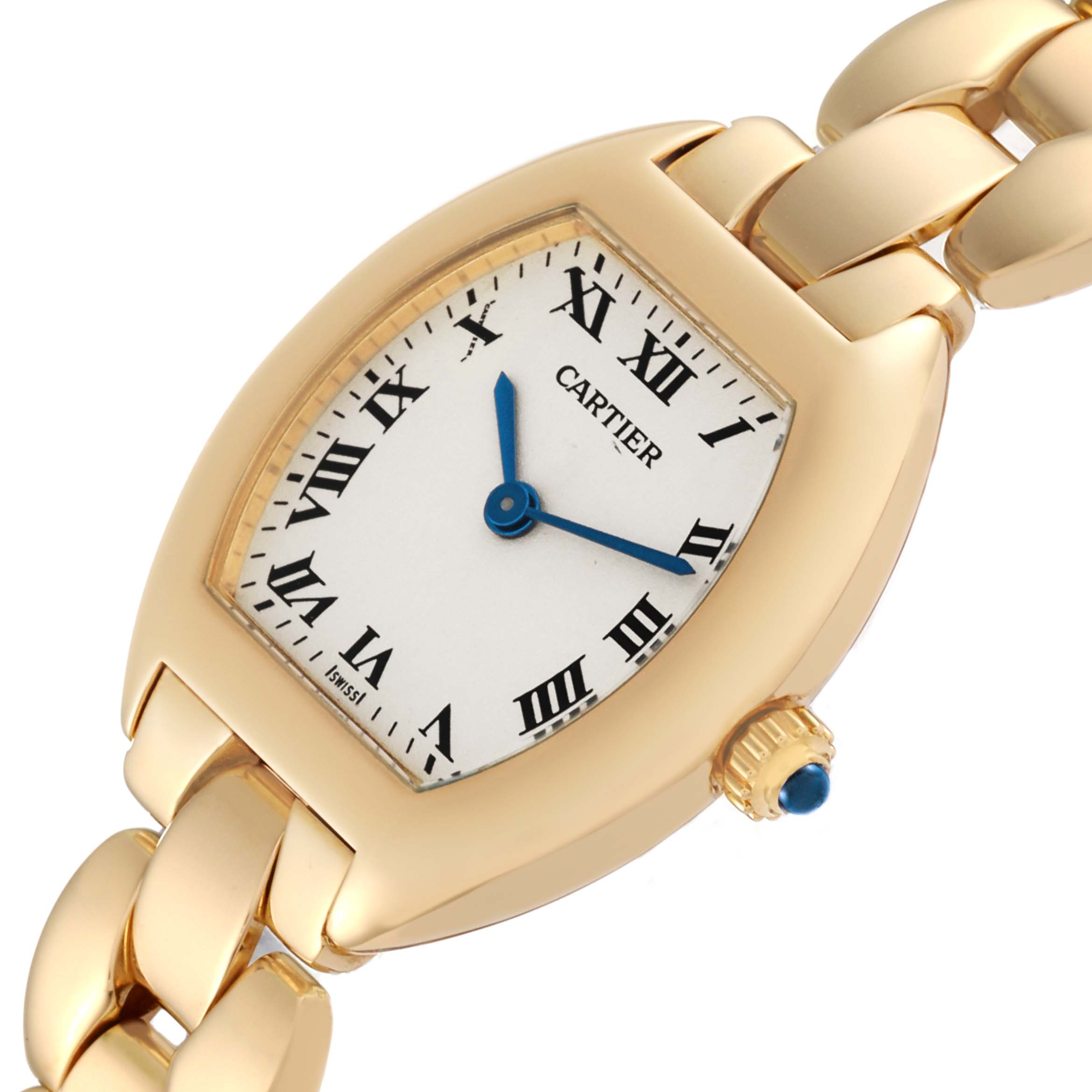 This image shows a Cartier Tonneau W15174P4 Women's Yellow Gold Silver Dial W15174P4 Women's Yellow Gold Silver Dial model watch from an angled close-up, highlighting its face, bezel, and part of the bracelet.