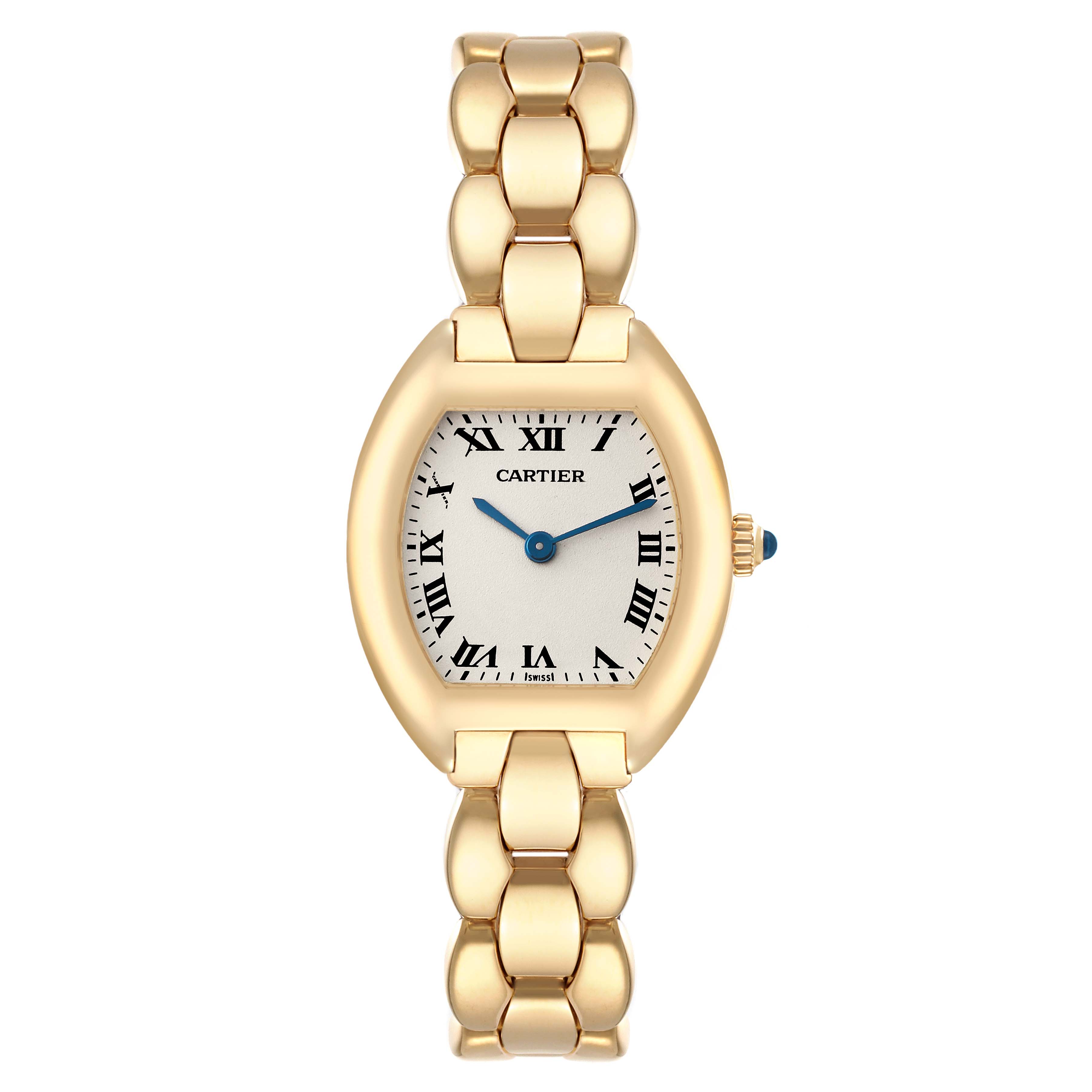 The image shows a Cartier Tonneau W15174P4 Women's Yellow Gold Silver Dial W15174P4 Women's Yellow Gold Silver Dial model watch from the front, highlighting its dial, case, and bracelet.