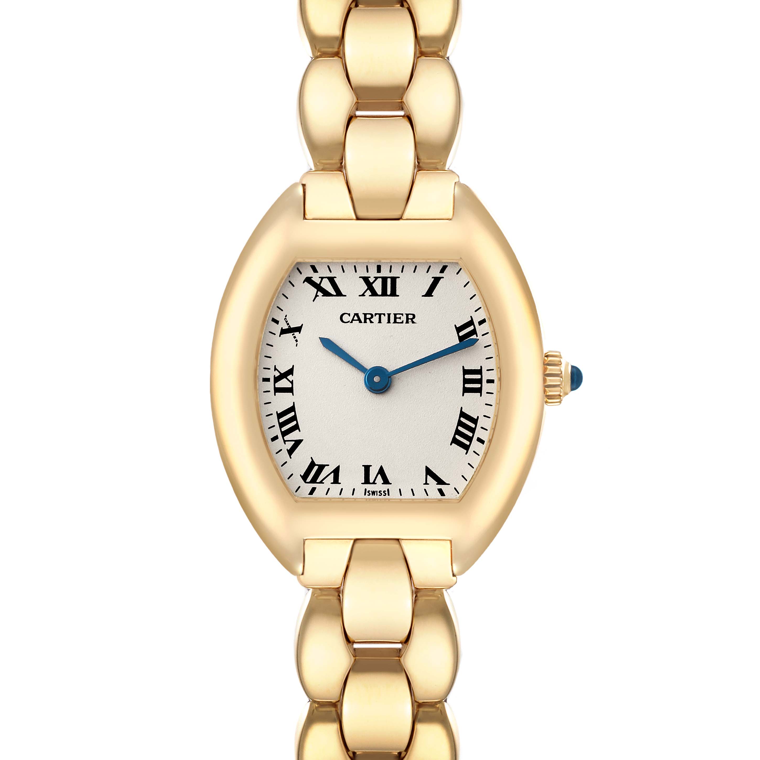 This image shows a front view of the Cartier Tonneau W15174P4 Women's Yellow Gold Silver Dial W15174P4 Women's Yellow Gold Silver Dial watch, highlighting the face, Roman numerals, and the gold bracelet.