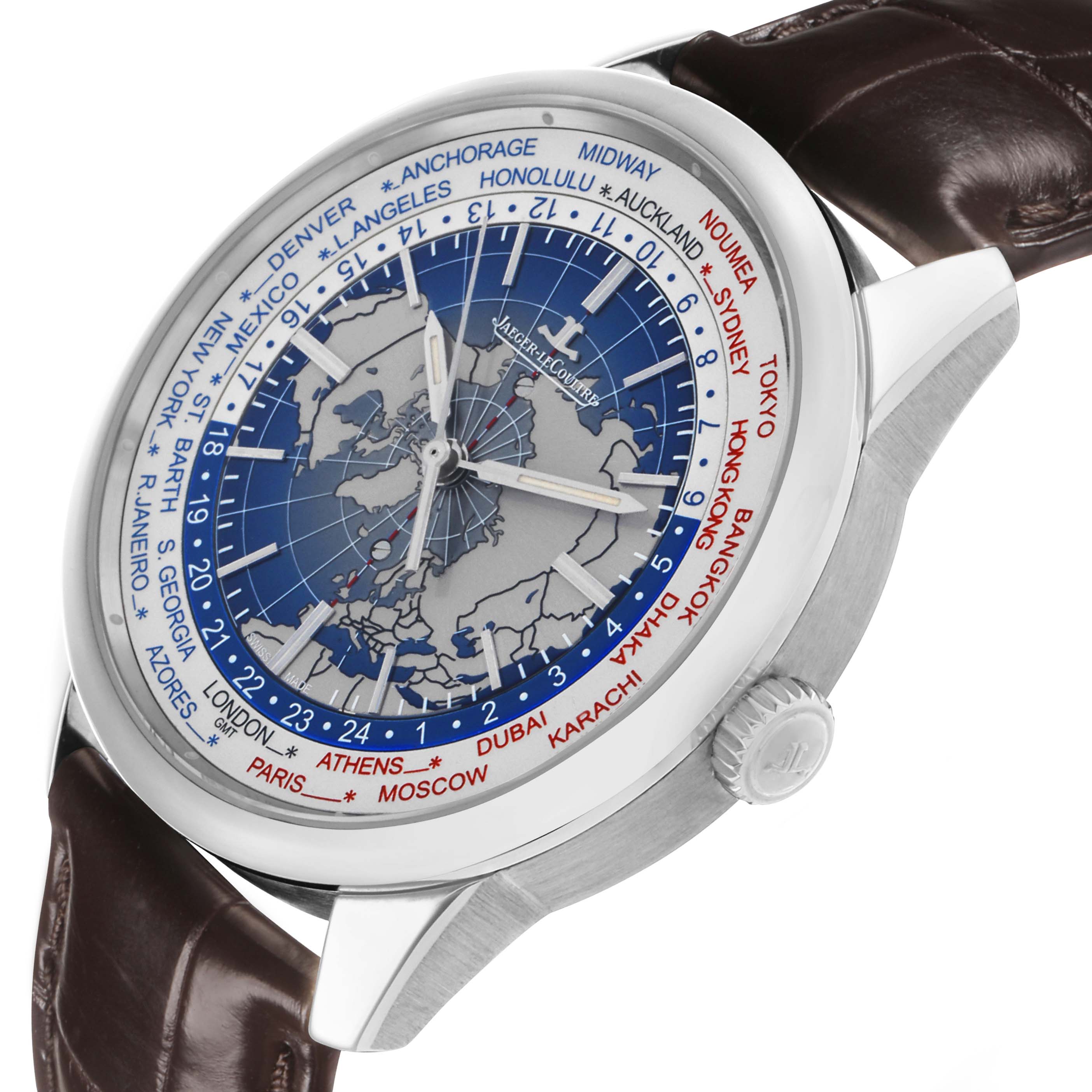 The Jaeger LeCoultre Geophysic Q8108420 Men's Stainless Steel Blue Dial watch is shown at a slight angle, highlighting the dial, crown, and leather strap.