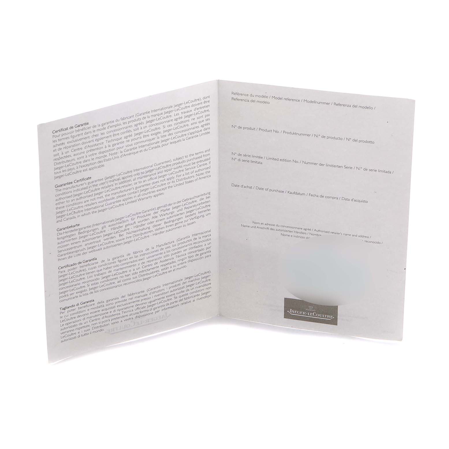 The image shows a Jaeger LeCoultre Geophysic Q8108420 Men's Stainless Steel Blue Dial warranty booklet, open and viewed from above.