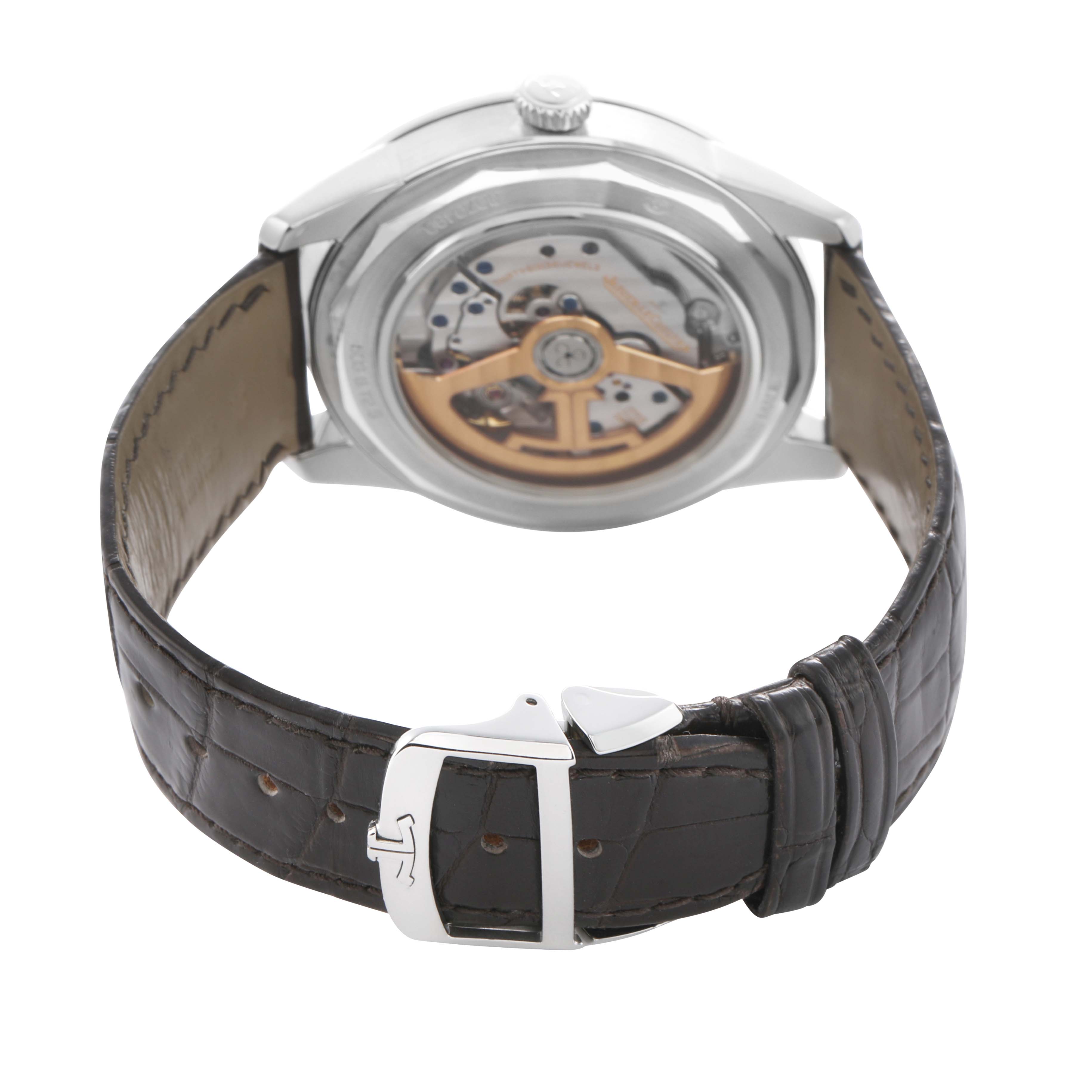 The image shows the back of a Jaeger LeCoultre Geophysic Q8108420 Men's Stainless Steel Blue Dial watch, highlighting the movement and leather strap.