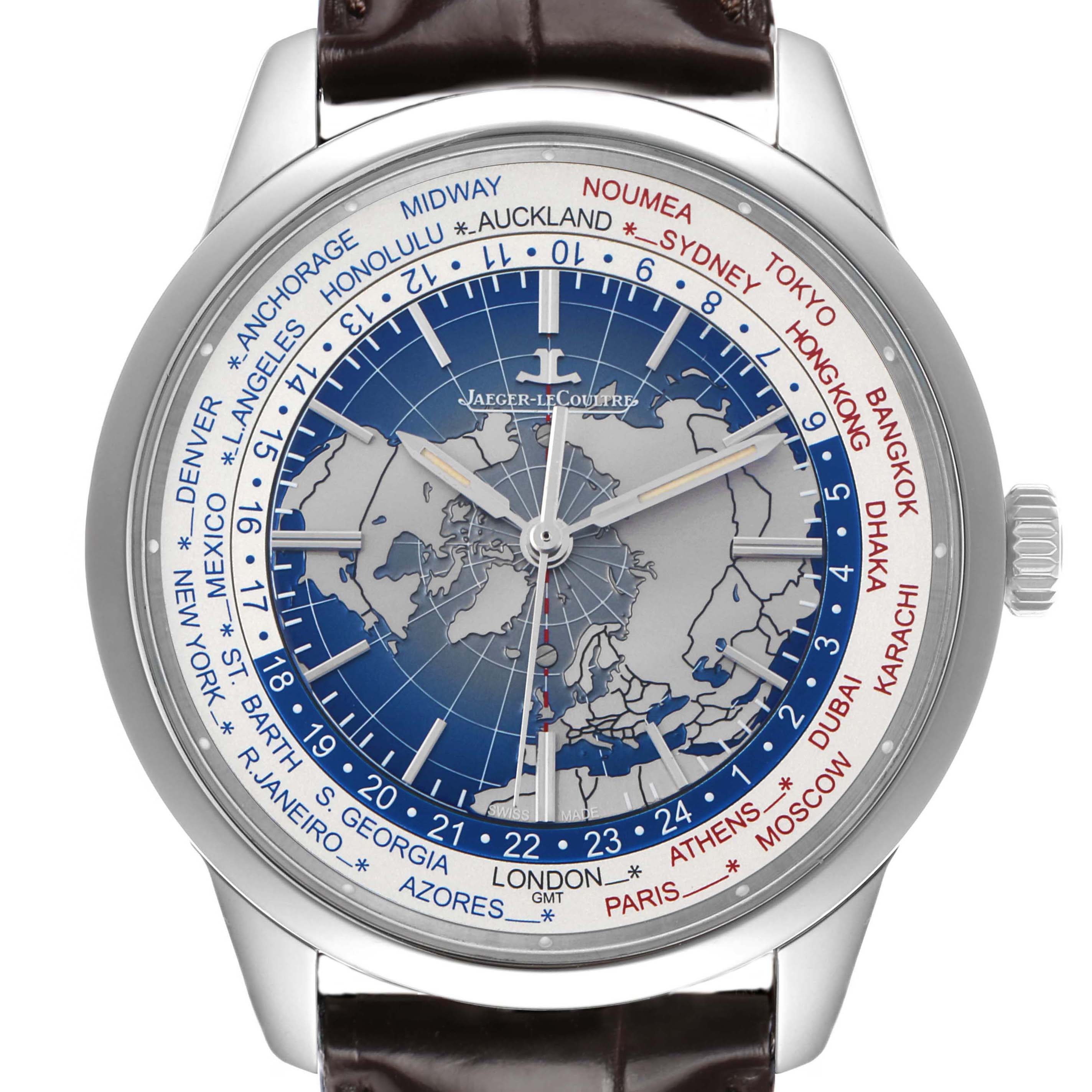 The Jaeger LeCoultre Geophysic Q8108420 Men's Stainless Steel Blue Dial watch is shown from the front, displaying its detailed dial and world time features.