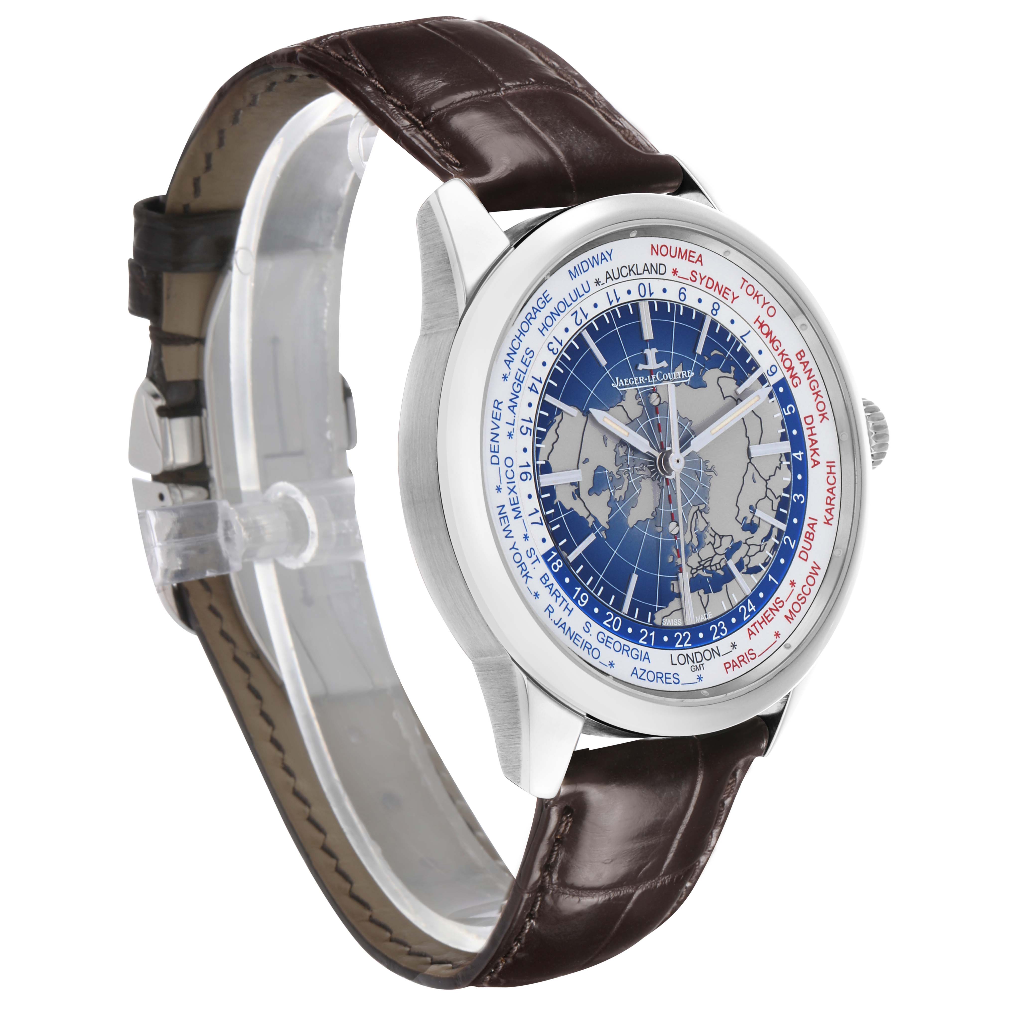 The Jaeger LeCoultre Geophysic Q8108420 Men's Stainless Steel Blue Dial watch is shown at a three-quarter angle, highlighting the dial, case, and leather strap.