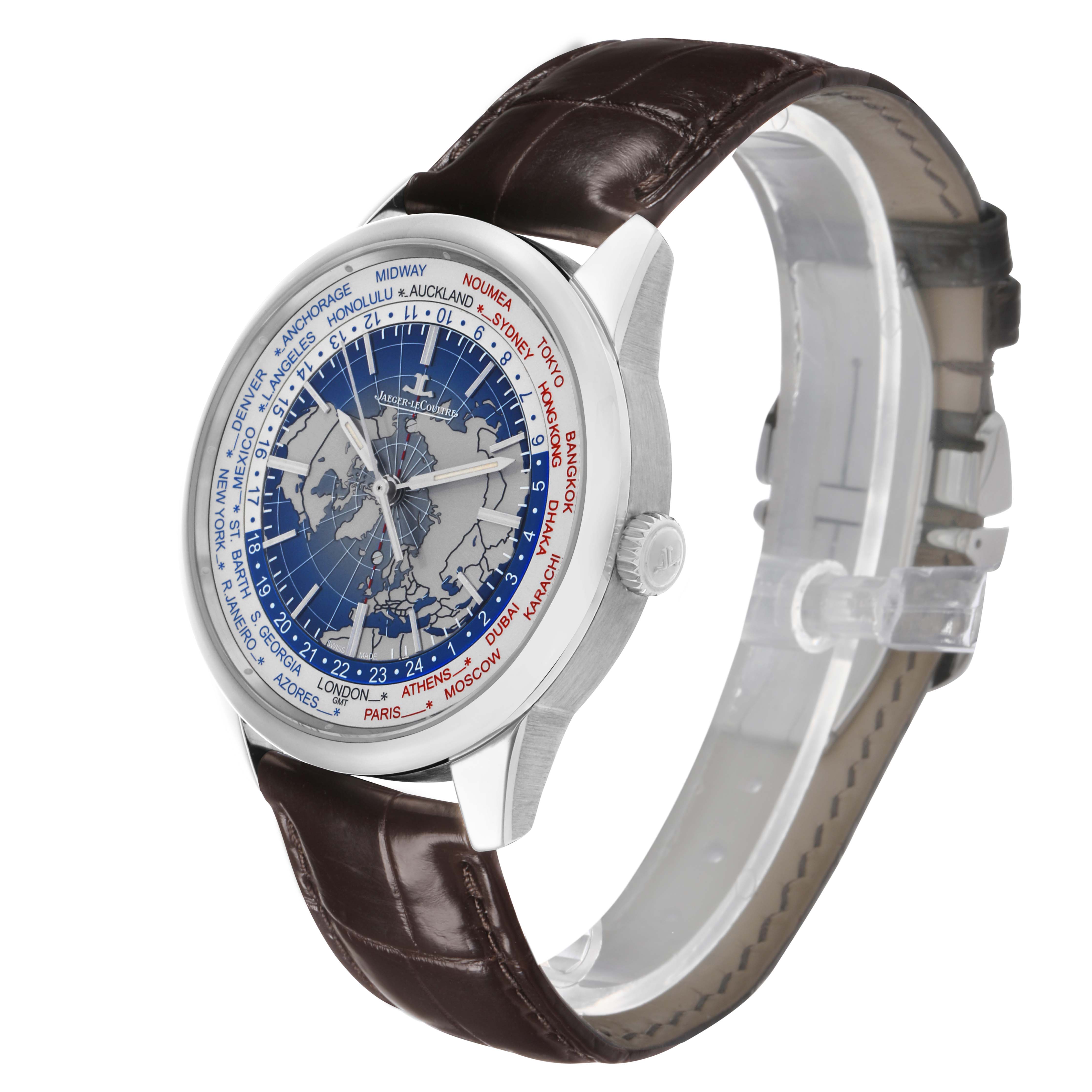 The Jaeger LeCoultre Geophysic Q8108420 Men's Stainless Steel Blue Dial watch is shown at a side angle displaying the dial, crown, and leather strap.