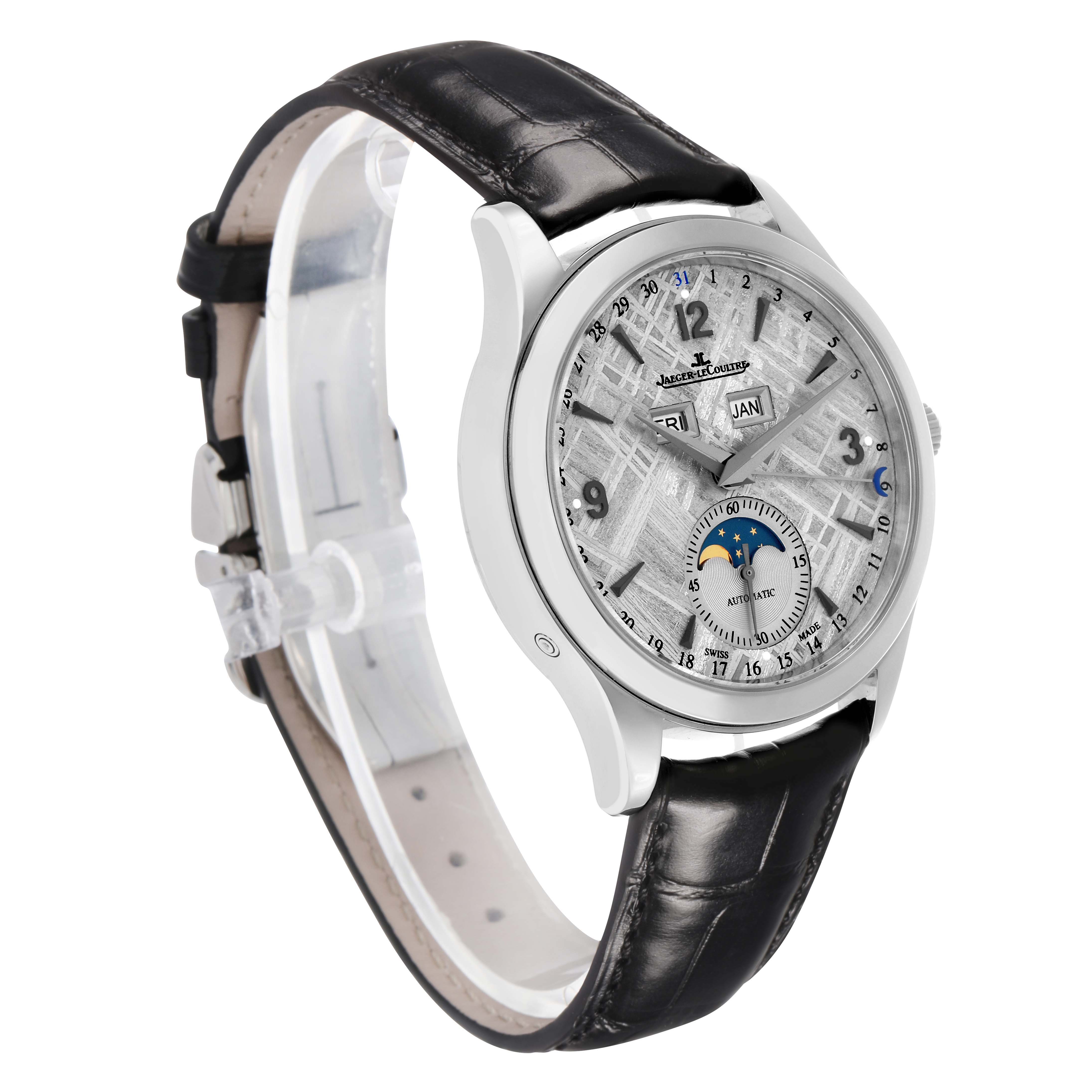 The Jaeger LeCoultre Master Q1558421 Men's Stainless Steel Silver Dial watch is shown at a three-quarter angle, highlighting the dial, case, and leather strap.