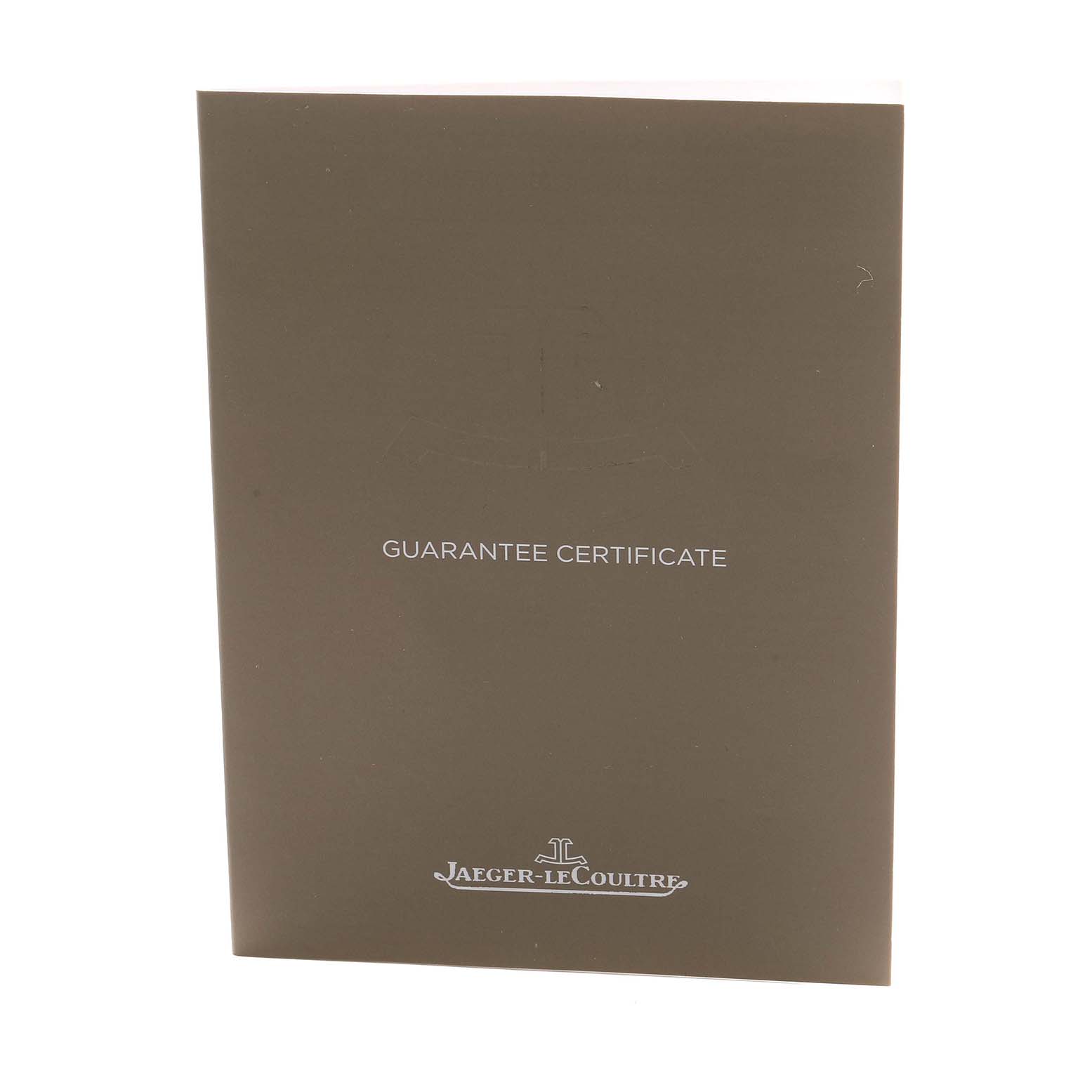 The image shows a Jaeger LeCoultre Master Q1558421 Men's Stainless Steel Silver Dial model guarantee certificate from the front angle.