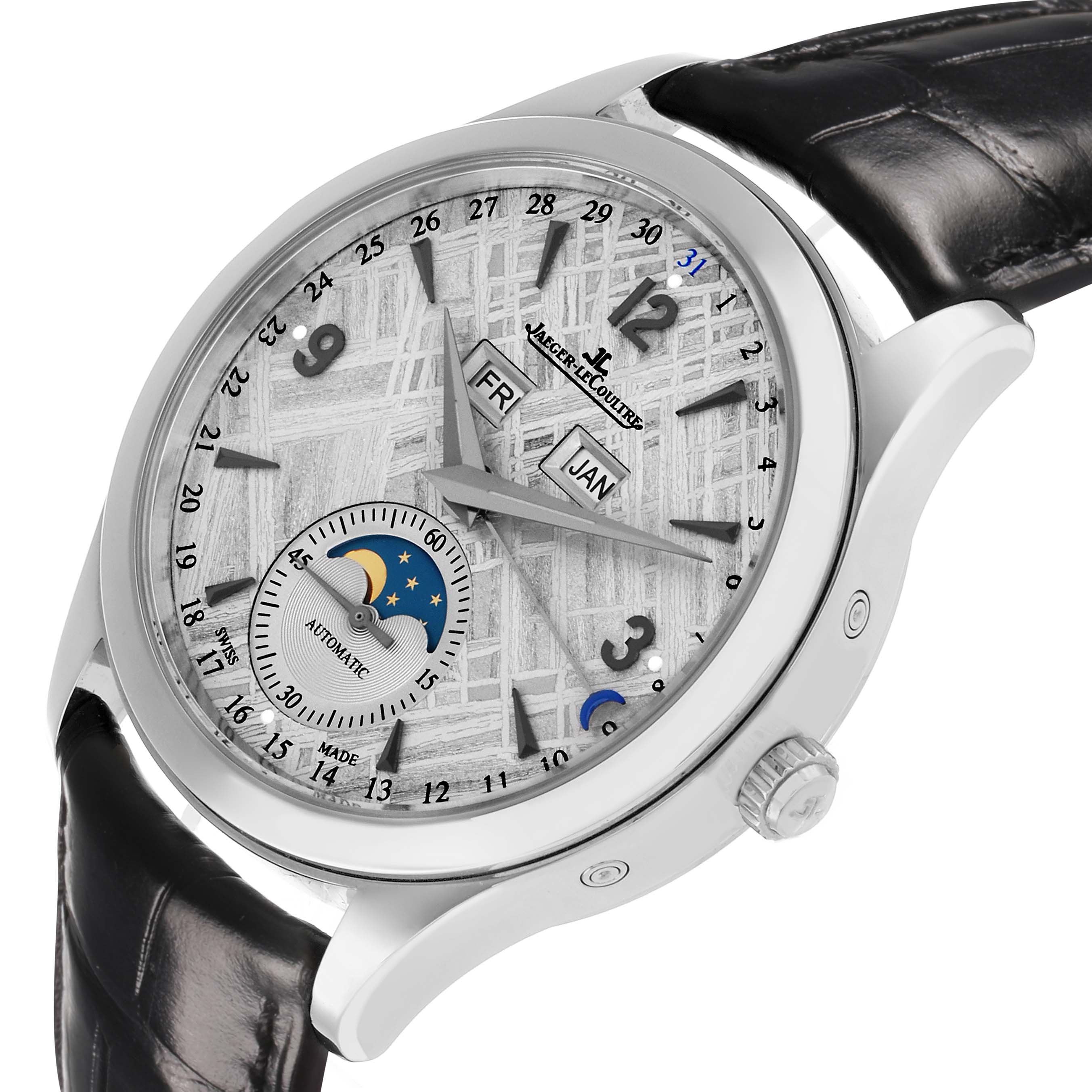 The Jaeger LeCoultre Master Q1558421 Men's Stainless Steel Silver Dial watch is shown from a tilted angle, highlighting the face, hands, sub-dial, and strap.