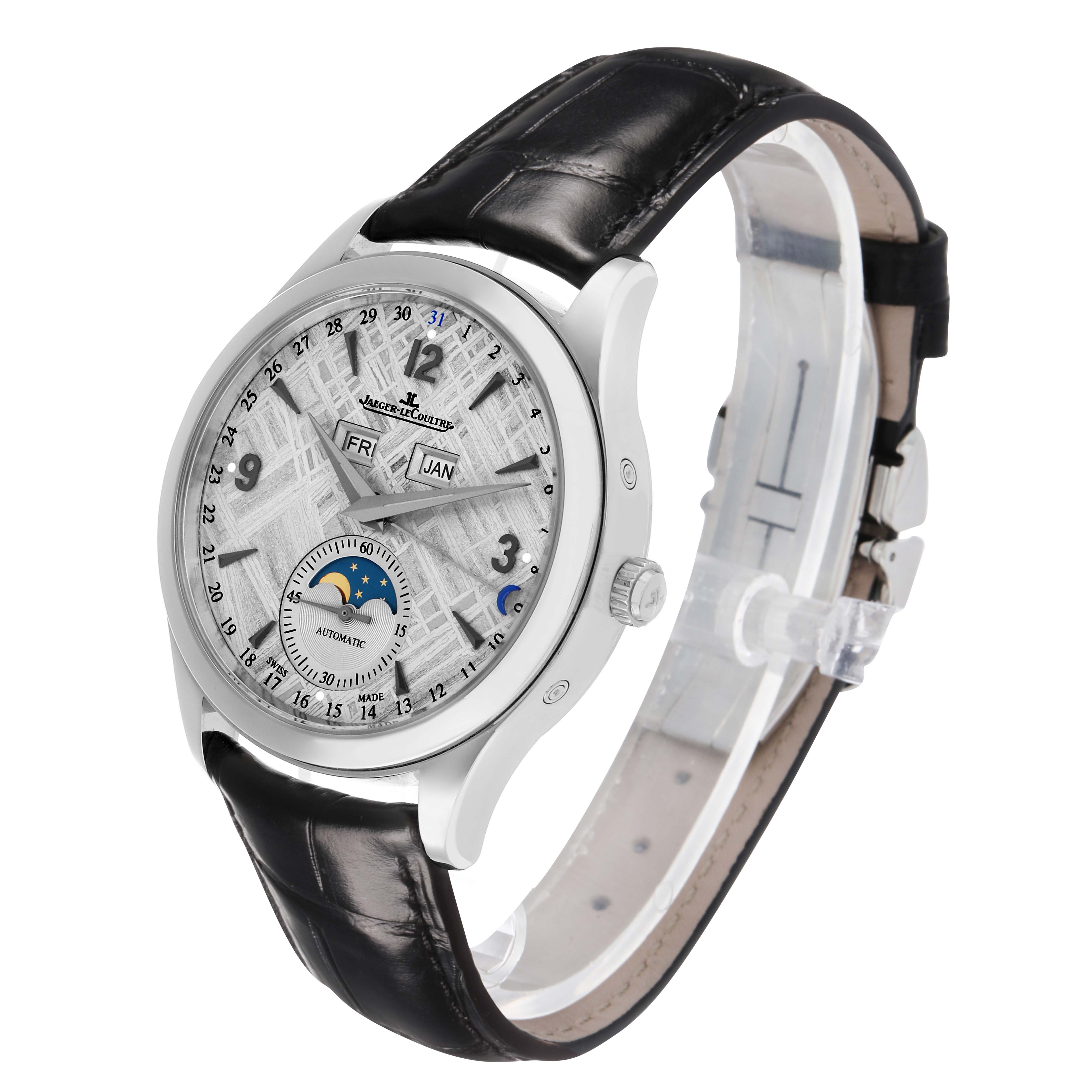 The Jaeger-LeCoultre Master watch is shown at a three-quarter angle, highlighting the face, crown, and leather strap.