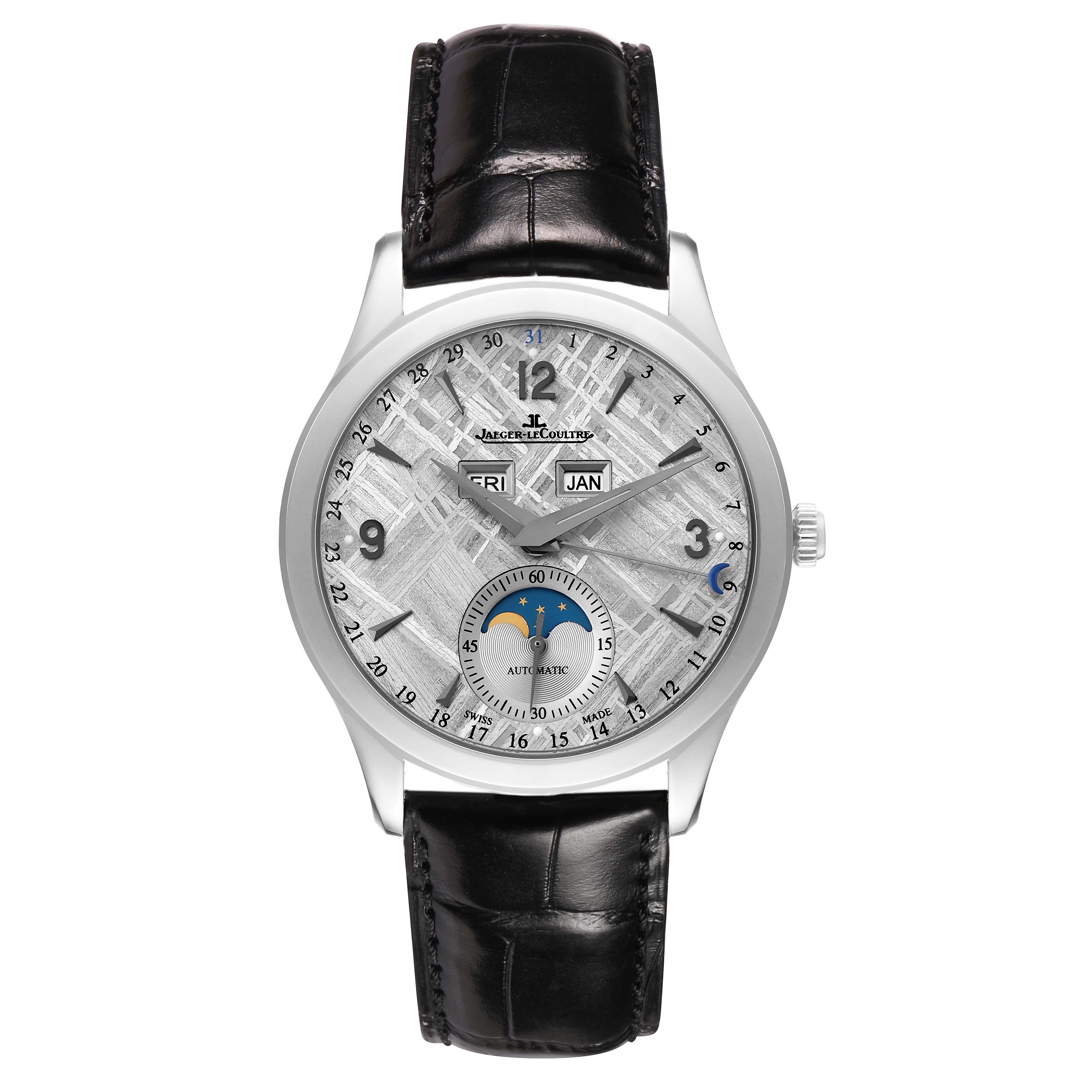 The Jaeger-LeCoultre Master watch is shown from a front angle, highlighting its dial, hands, and moon phase subdial.