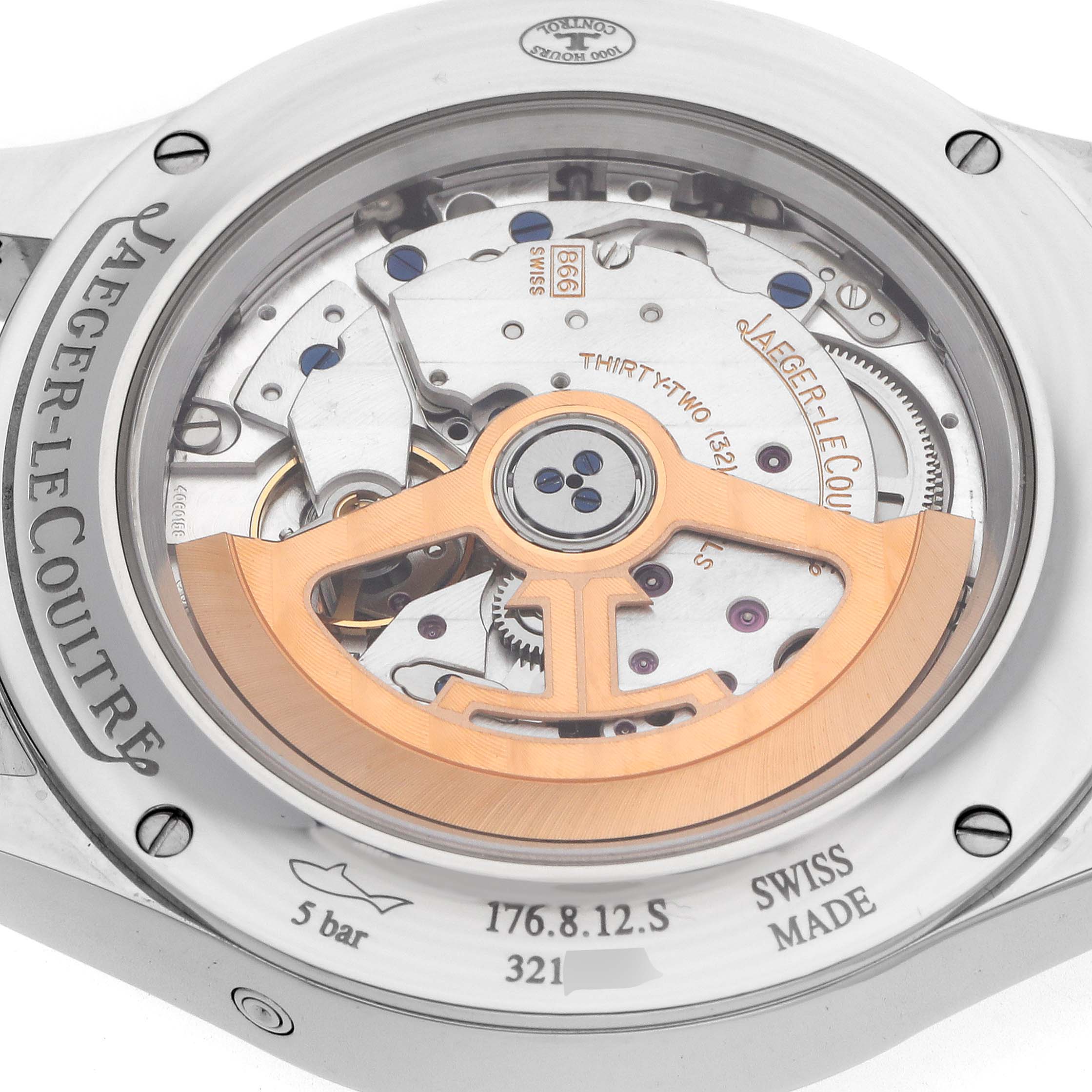 The image shows the back case of a Jaeger-LeCoultre Master model, highlighting its automatic movement and rotor.