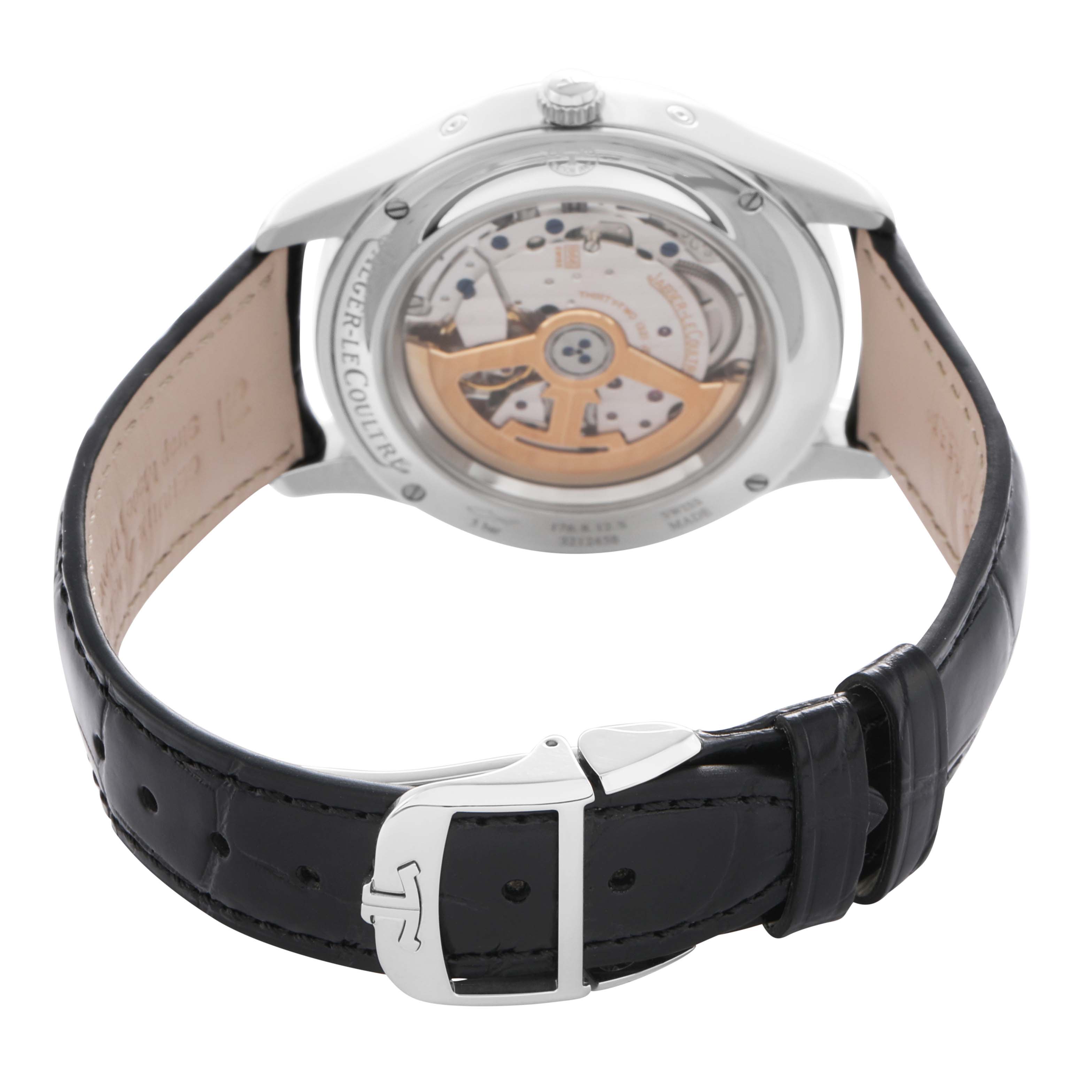 The image shows a Jaeger LeCoultre Master Q1558421 Men's Stainless Steel Silver Dial model watch from the back, highlighting its open case back and leather strap.