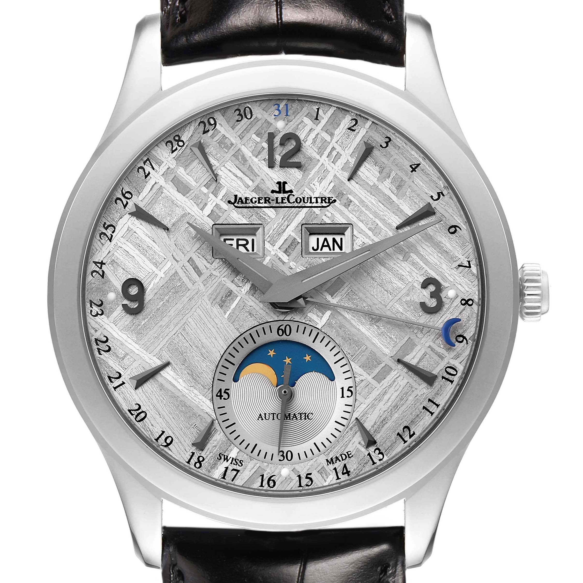The Jaeger-LeCoultre Master watch is shown from a frontal angle, displaying the dial with calendar and moon phase complications.