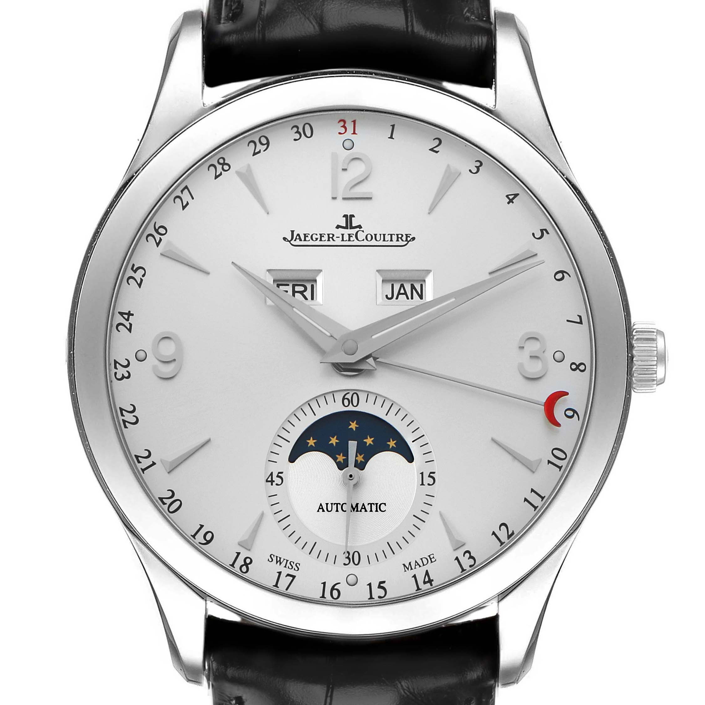The Jaeger LeCoultre Master Q1558420 Men's Stainless Steel Silver Dial watch is shown straight-on, displaying the dial with date, day, month, and moon phase features.