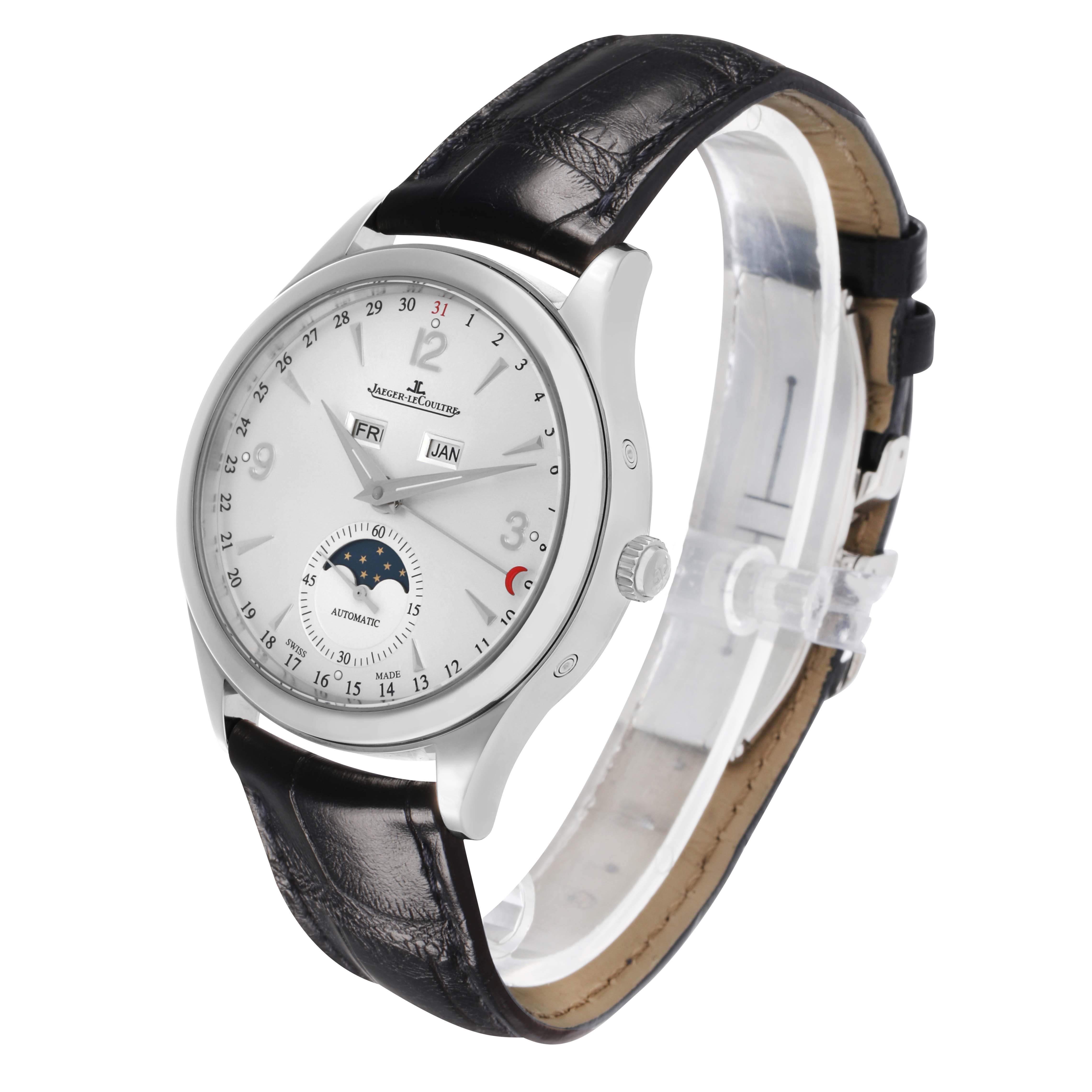 The Jaeger LeCoultre Master Q1558420 Men's Stainless Steel Silver Dial model is shown at a three-quarter angle, highlighting its dial, moon phase, and strap.