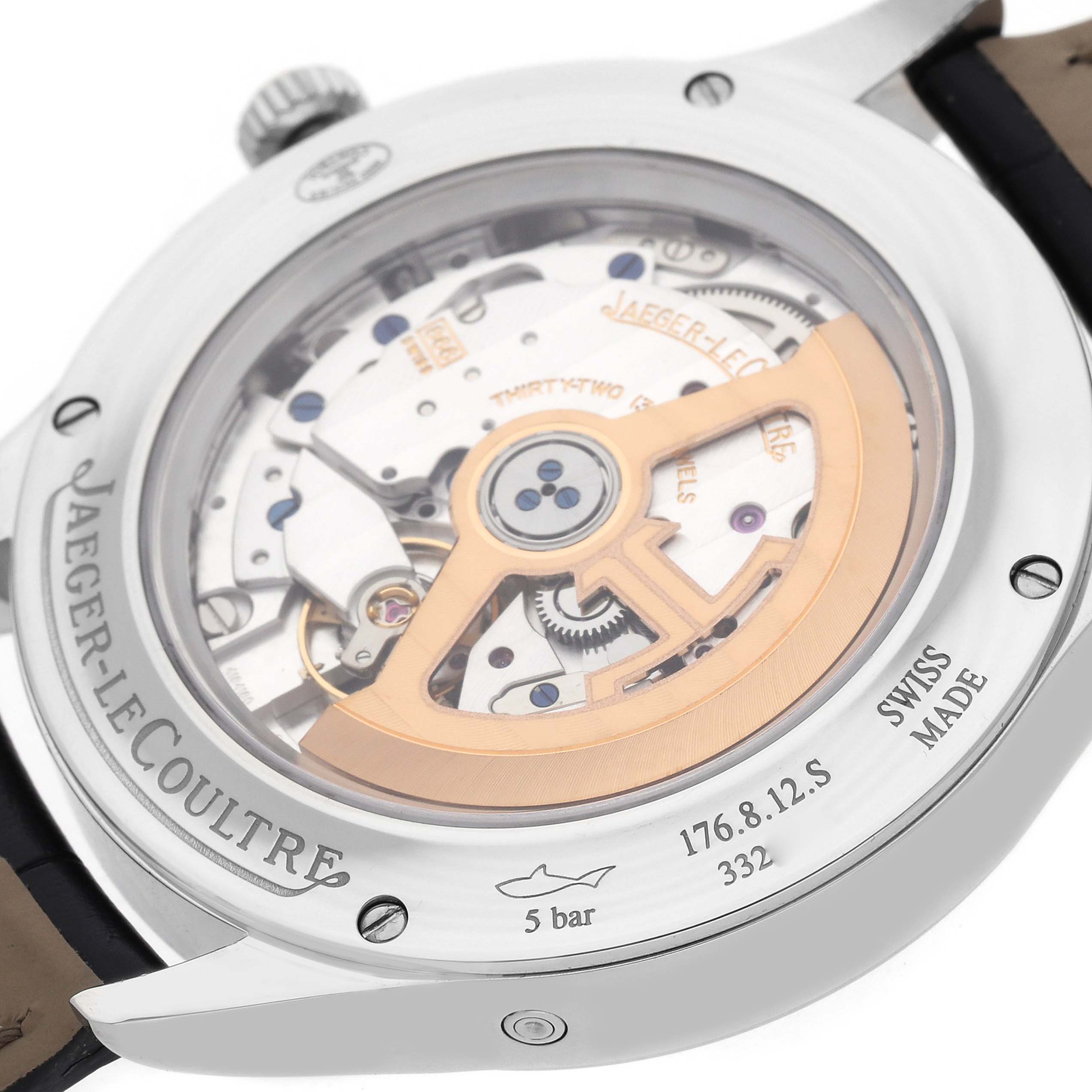 The image shows the back view of a Jaeger-LeCoultre Master model, highlighting the movement and rotor.