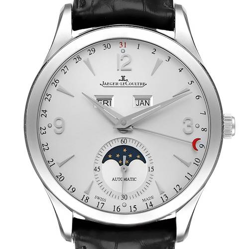 The Jaeger-LeCoultre Master watch is shown from the front, highlighting the face, hands, date, and moon phase complications.