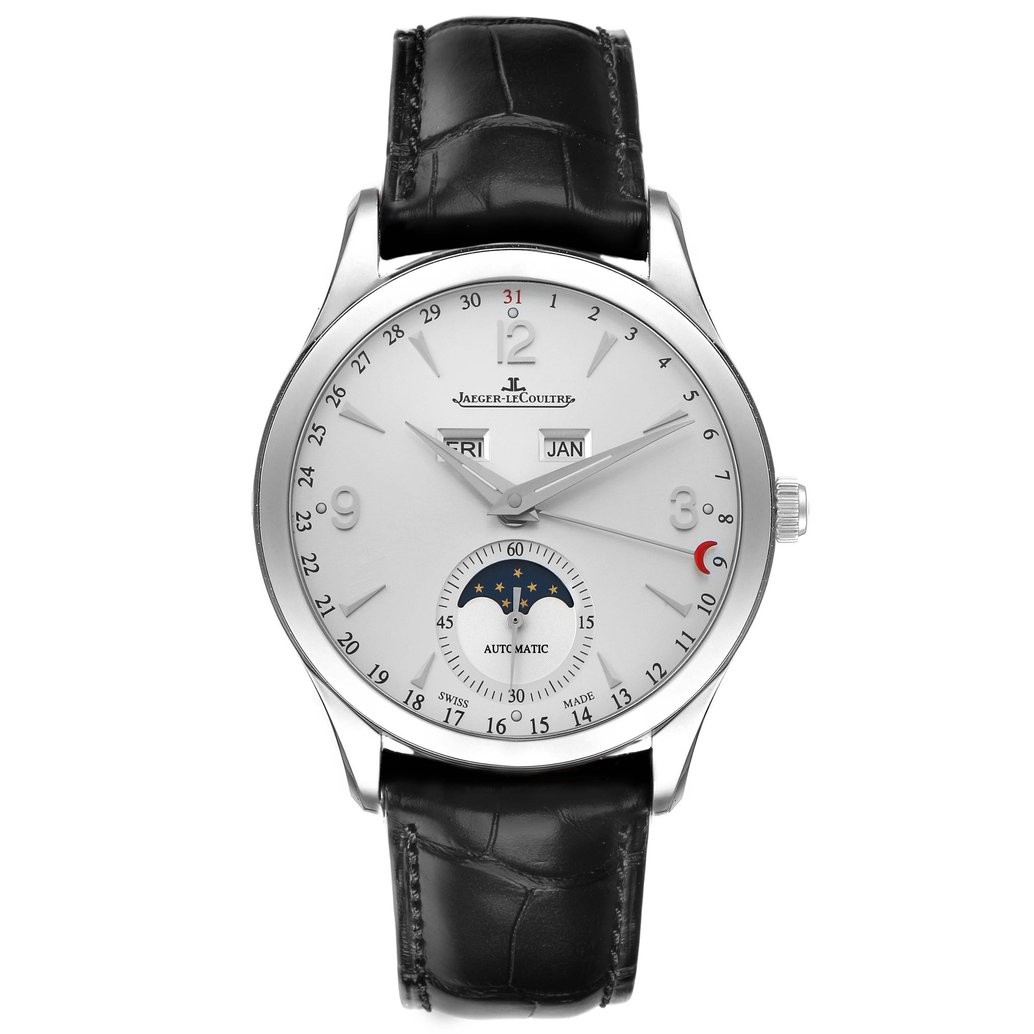 The Jaeger LeCoultre Master Q1558420 Men's Stainless Steel Silver Dial watch is shown from a front angle, highlighting its dial, hands, moon phase, date, day, and month indicators.