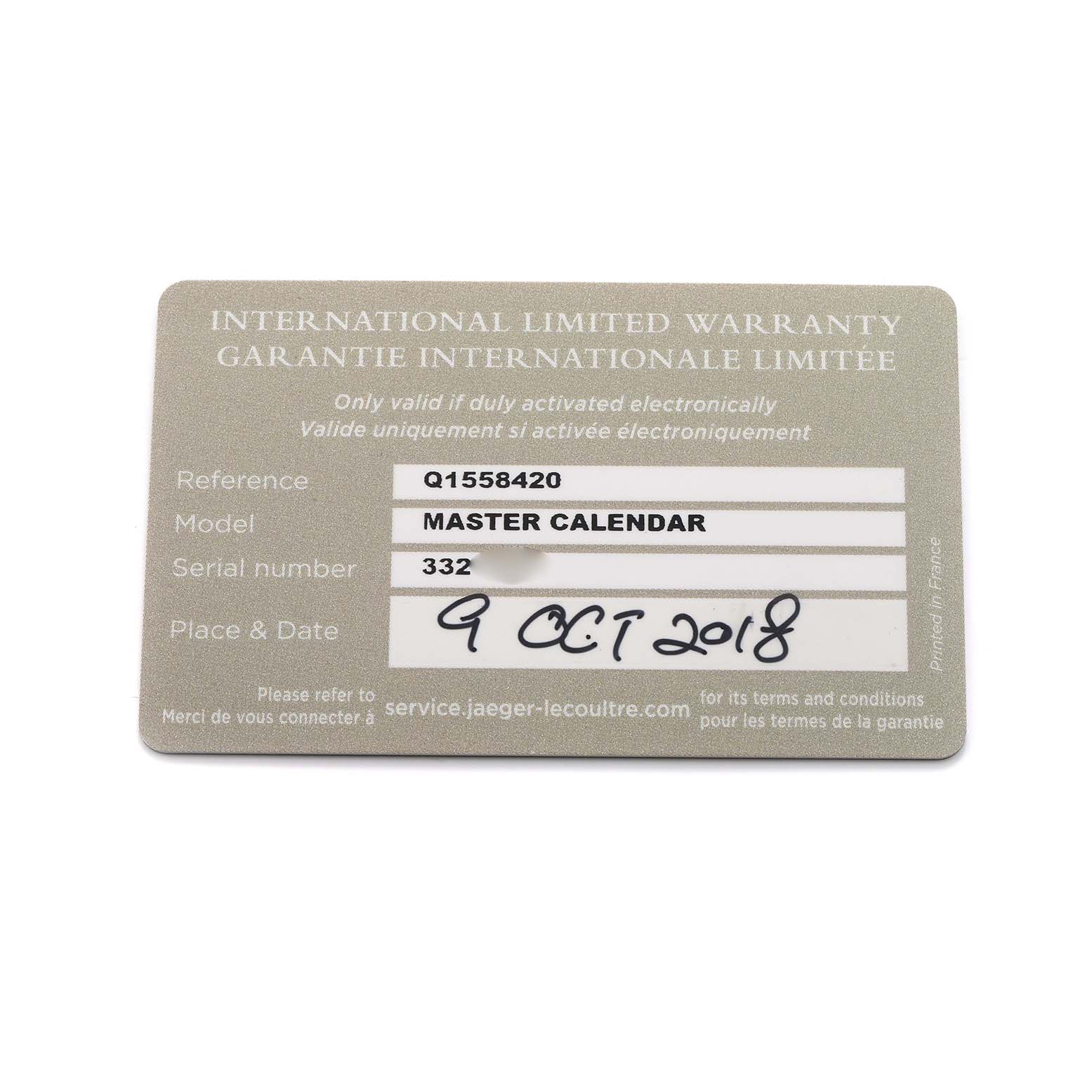 The image shows the warranty card for a Jaeger LeCoultre Master Q1558420 Men's Stainless Steel Silver Dial Calendar watch.