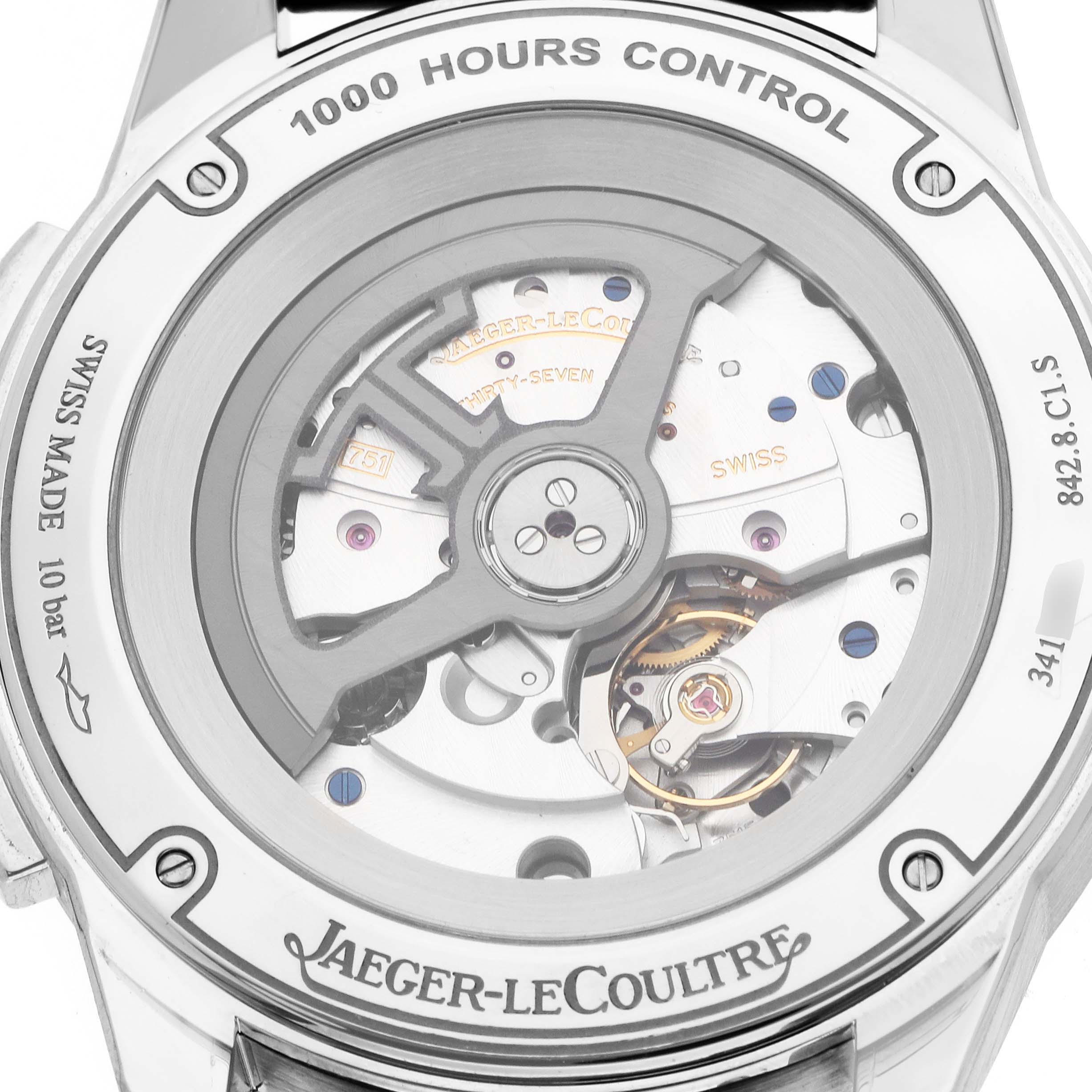 The image shows the back of the Jaeger LeCoultre Polaris Q9028480 Men's Stainless Steel Black Dial, highlighting the movement mechanism and "1000 Hours Control."